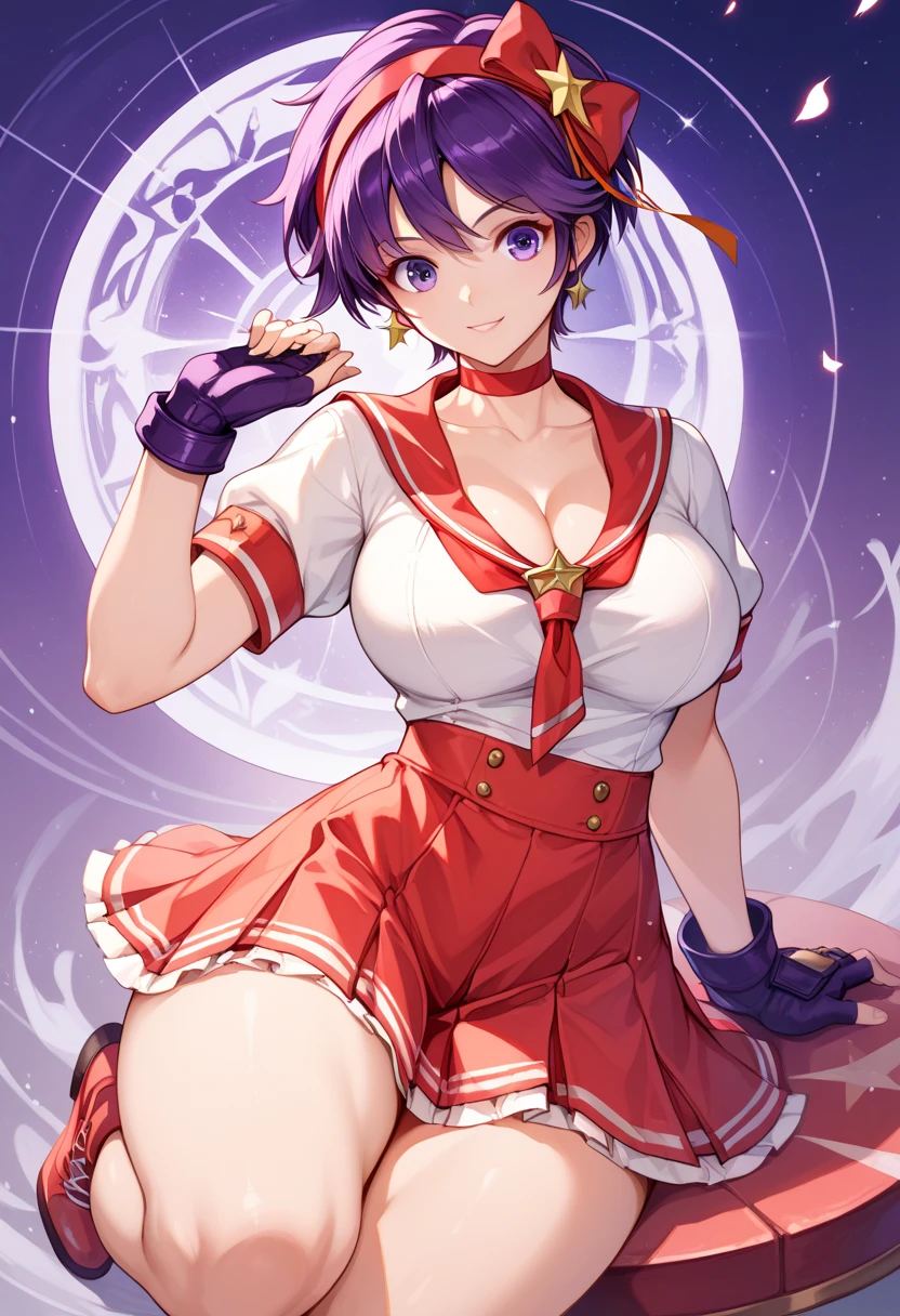 big breasts, thighs, pose, Athena Asamya - the king of fighter , short hair, red hairband, hair ribbon, purple hair, red choker, serafuku, short sleeves, red skirt, fingerless gloves, cleavage