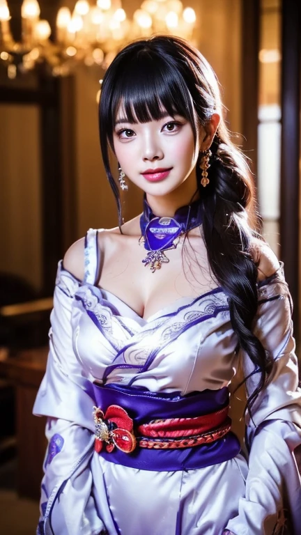 a beautiful age girl wearing Raiden Shogun's dress, alone, standing in living room, she's rich girl, expensive necklace, elegant earrings, elegant, she's so cool, jealous face, she's cute and gorgeous, little smile, Sweet smile, her body is slim, chubby cheeks,perfect body ratio, ponytail, cute bangs, she looks kind, candid, cowboy shot, girlfriend material, best lighting (best quality,4k,8k,highres,masterpiece:1.2),ultra-detailed,(realistic,photorealistic,photo-realistic:1.37),HDR,UHD,UHD graphic, 4k, 8k graphic, studio lighting,vivid colors,bokeh,portraits, cowboy shot, full body looks, best photography 