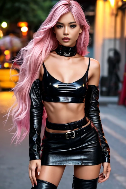 1girl, a young prostitute, long pink hair, (black leather mini skirt),  topless woman, bokeh,  thigh boots, sexy, slender, slim, toned, remarkable detailed pupils, highly detailed skin, collarbone, full body, full-body portrait, Wide-Angle, UHD, accurate, anatomically correct, hookerchic, ((full figure)), daytime, midriff, toned abbs,