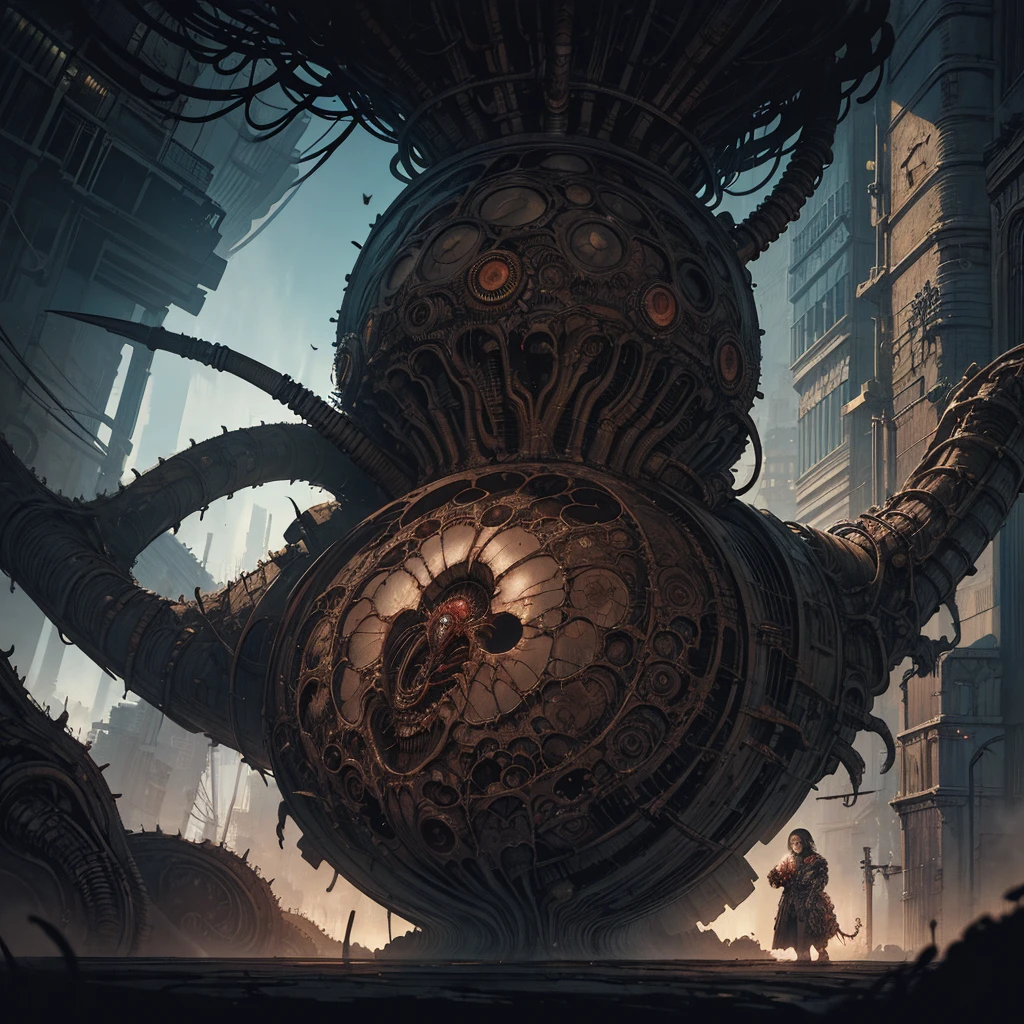 A beholder floating in the foreground, (elaborate and intricate network of cables arcing behind him), dark fantasy, dark atmosphere, atmospheric lighting, cinematic lighting, best angle, ultra-detailed, intricate, angle from side, beholder=1.6