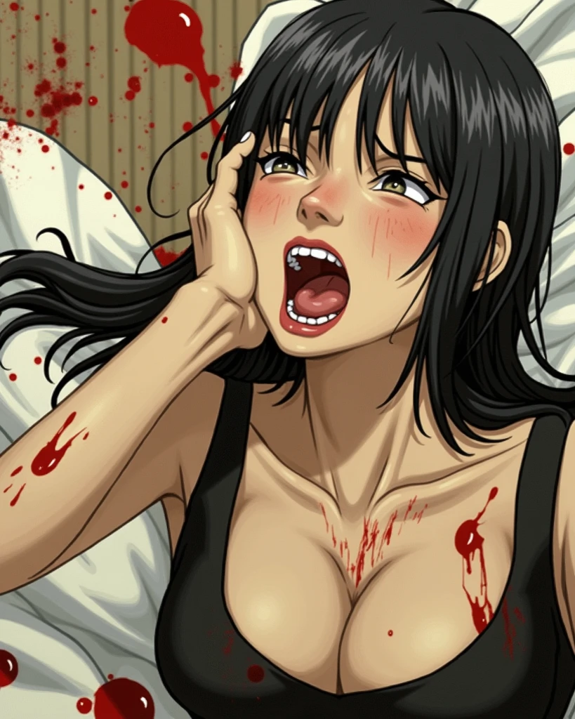 masterpiece, best quality, 1 girl, himeragi yukina, brown eyes, black hair, hair between eyes, medium hair, medium breasts, (healthy skin), ((cum on face)), bare shoulders, ((upper body)), (((white tank top))), (((blood on face, killer, evil)))