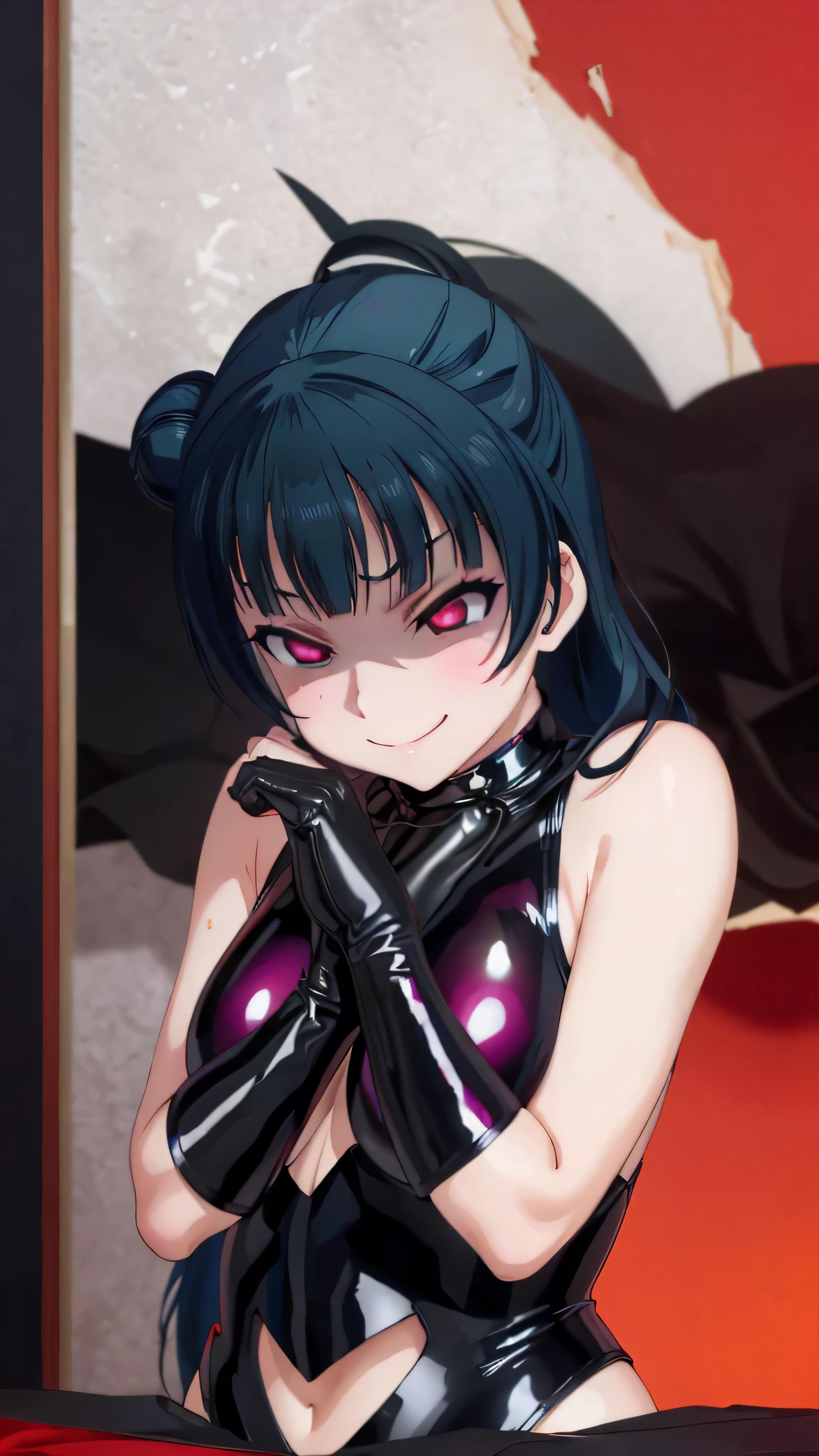night、lovelive Black Background、Evil background、、Sensual dark light、A shiny black rubber suit that wraps around the body、tall、Upper Body、adult、、Alone、Navy blue hair twin tail drill Volumie、Upper Body、Evil female warrior、Fantasy、Condescending smile、Fallen into evil、Fall into Darkness, Yoshiko Tsushima,very evil smirk, (((black latex gloves)))、uneasy red background,beautiful hands,beautiful body,looking down at viewer,two hands,(masterpiece, best quality),