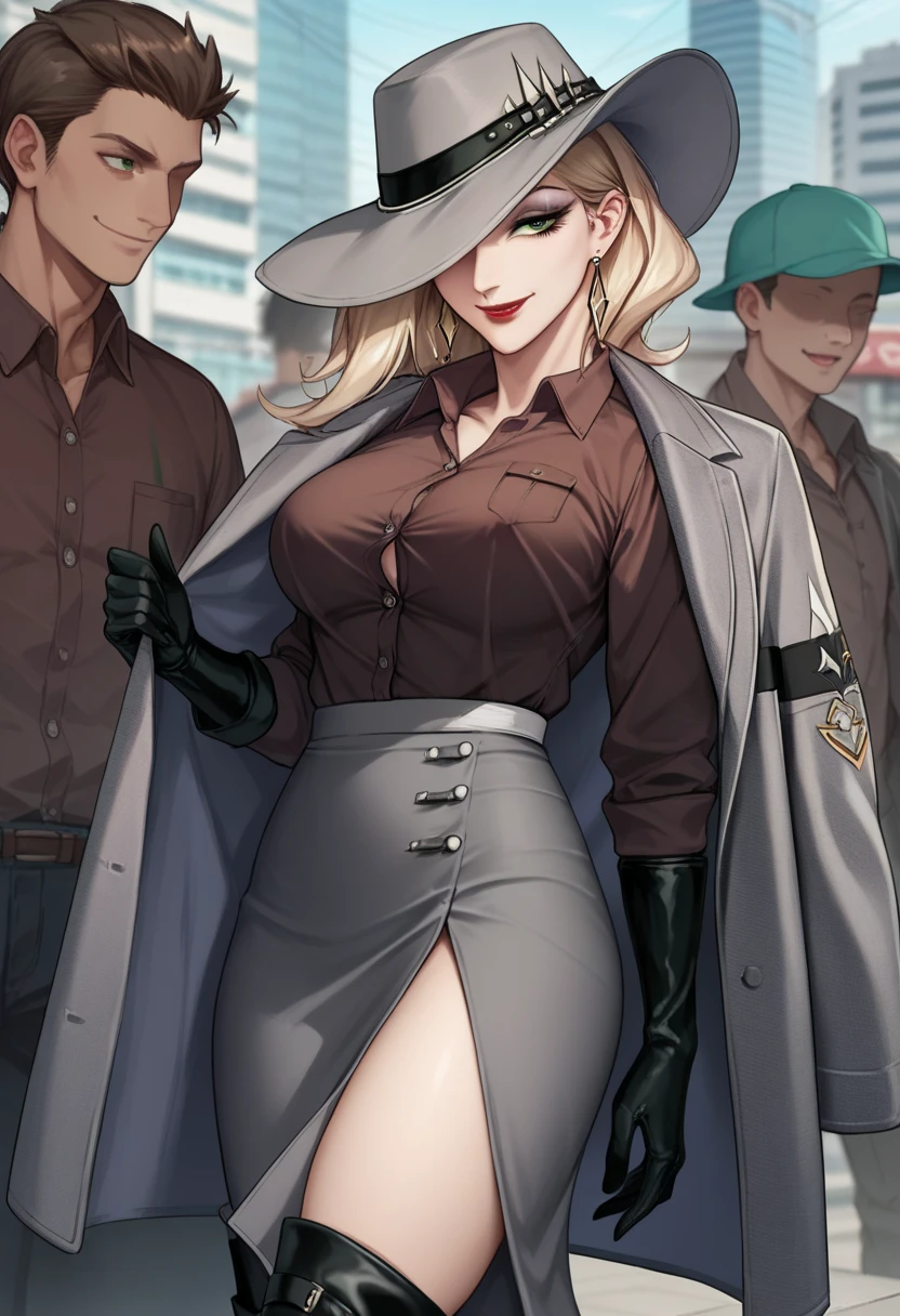  1girl, multiple man , brown shirt, collared shirt, grey coat, coat on shoulder, gloves, grey pencil skirt, long skirt, side slit, black thigh boots, thighs, makeup, red lips, hat over one eye, one eye covered, light smile, earrings, green eyes, in downtown,covered eract nipple, , unbuttoned shirt, large breast, in city