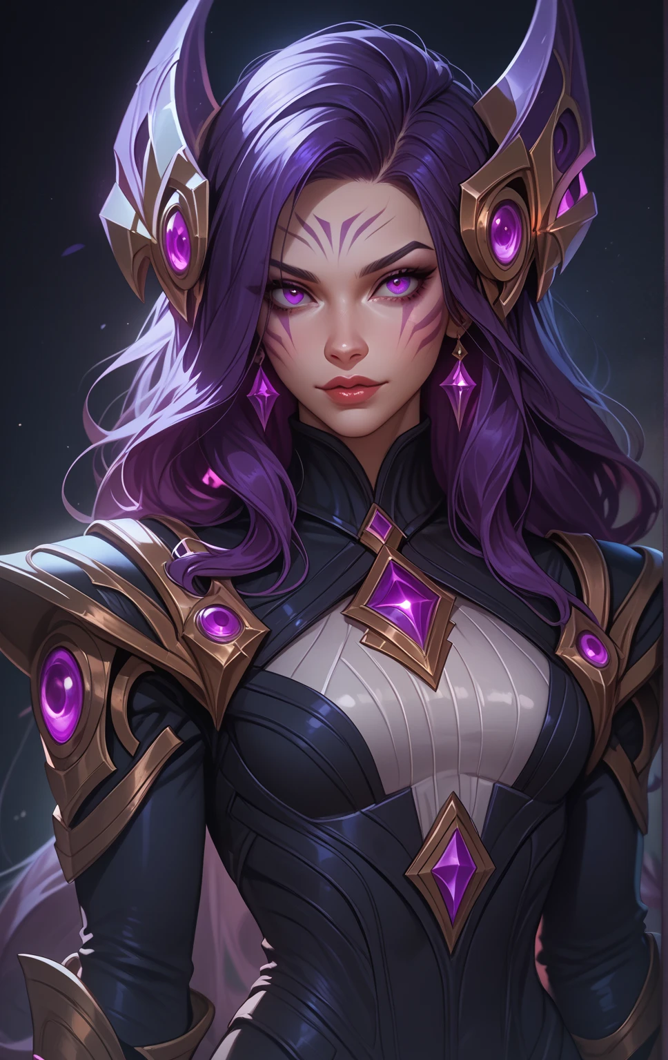 1 girl,  Long hair,  high definition, athletic body,  pretty face,  young, Dark background, Accuracy, High quality, In profile,  Kai'Sa, Kai'Sa from League of Legends, Hair color is dark violet, Eye color is violet, The head is not behind the scenes, Character is far away, Abyss marks on face, Living suit on the body, Suit color is dark, The suit look like clothes, Without accessories