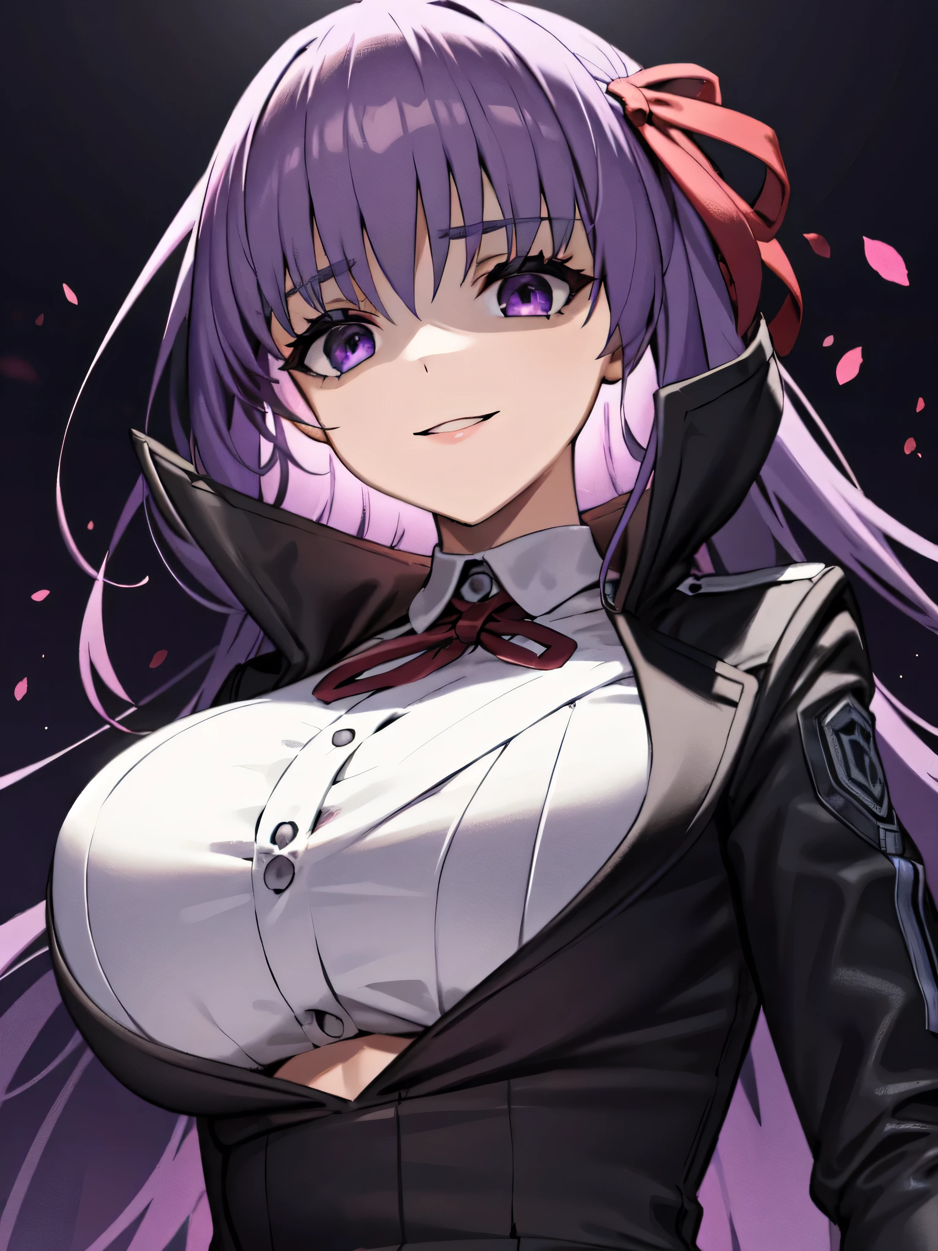  Isoscale, Mid Shot,  night, ,,, Purple Hair, Black jacket, , Red ribbon, Big Breasts, Purple eyes, White gloves, Long Hair, Large collar, evil Smile,,,,Highly detailed CG Unity 8K wallpapers, Perfect lighting,,Looking down at the viewer,,Anxious smile,Black and purple world background,deep shaded face(eyes in shadow),solo,Yandere,,look down,looking down at viewer, ,,from below,close up,Dark Side、