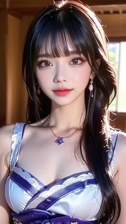 a beautiful teenage girl wearing Raiden Shogun's dress, alone, standing in living room, she's rich girl, expensive necklace, elegant earrings, elegant, she's so cool, jealous face, she's cute and gorgeous, little smile, Sweet smile, her body is slim, chubby cheeks,perfect body ratio, ponytail, cute bangs, she looks kind, candid, cowboy shot, girlfriend material, best lighting (best quality,4k,8k,highres,masterpiece:1.2),ultra-detailed,(realistic,photorealistic,photo-realistic:1.37),HDR,UHD,UHD graphic, 4k, 8k graphic, studio lighting,vivid colors,bokeh,portraits, cowboy shot, full body looks, best photography 