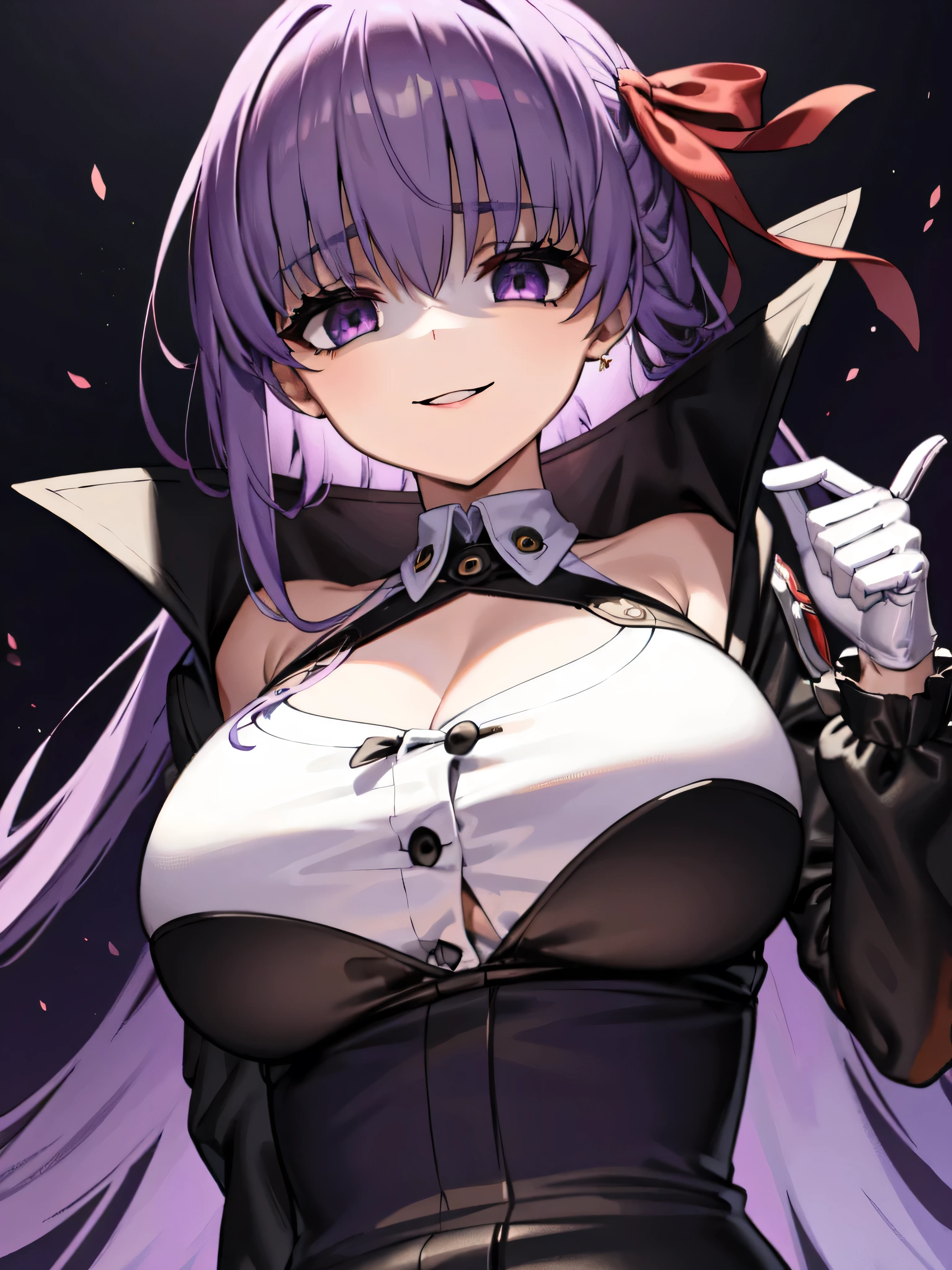  Isoscale, Mid Shot,  night, ,,, Purple Hair, Black jacket, , Red ribbon, Big Breasts, Purple eyes, White gloves, Long Hair, Large collar, evil Smile,,,,Highly detailed CG Unity 8K wallpapers, Perfect lighting,,Looking down at the viewer,,Anxious smile,Black and purple world background,deep shaded face(eyes in shadow),solo,Yandere,,look down,looking down at viewer, ,,from below,close up,Dark Side、