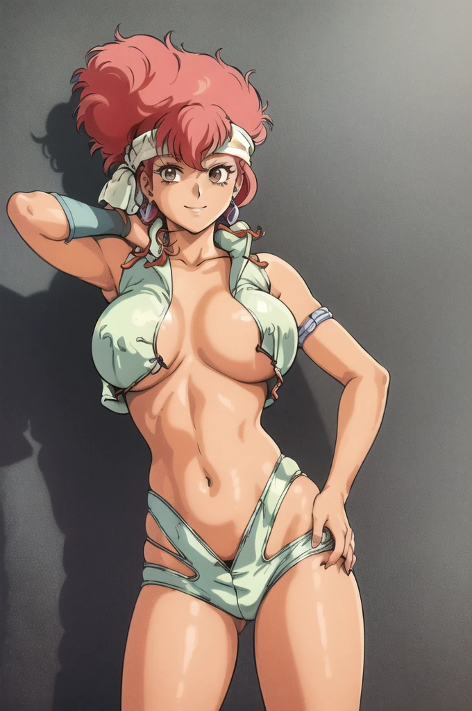 (masterpiece,   best quality:1.2), (1980s \(  style  \):1.1),   Cowboy Shooting  , Alone,   1 girl, Dirty Pair K, smile,   watch viewers  ,    Put your hands on your hips,   Headband, uniform,   crop top 　 huge breasts　crowd　 open shirt 　Open your shirt 　Empty-handed　Areola　 topless　Undressing　 changing clothes　Nipples　Fully exposed　boob challenge