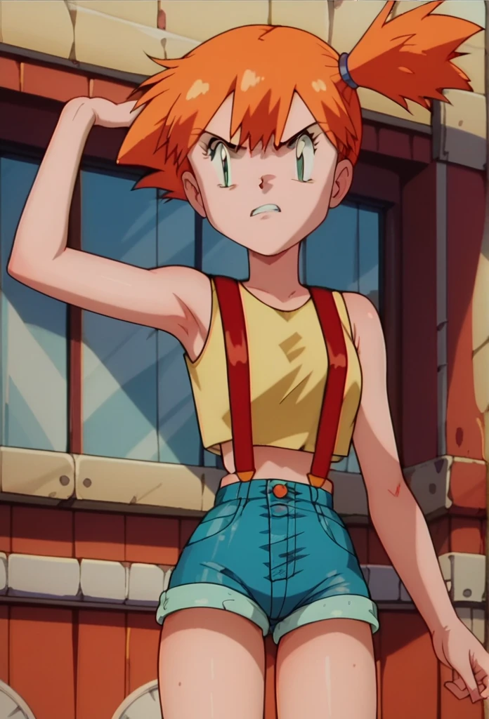 Anime screencap, score 9, score_8_up, score_7_up, scorw_6_up, source anime, 1 girl, misty \(pokemon\), armpitjob, side ponytail, yellow tank top, suspenders, denim shorts, angry_expression, (thin_waist), (flat_chest)