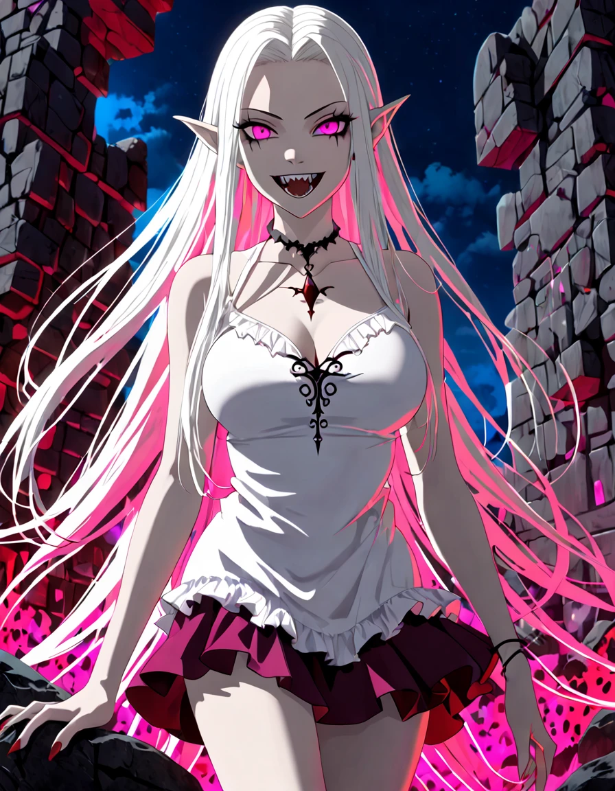 Personagem original,8k,  masterpiece ,  The best quality ,detailed, olhos lindos e detaileds,, movie-like composition ,,1 vampire,only,pink eyes,,  long hair ,(((white pele como un vampiro,skin skin,colorful skin))),Sharp Teeth , Big breasts ,( sleeveless white t-shirt ),mini skirt rosa,bare feet, Elf's Ear,Blush,(( Standing in front of rock ruins at night,night,white pele,colorful skin,narrow eyes, crazy smile , shadowed face,Yandere, Yandere,