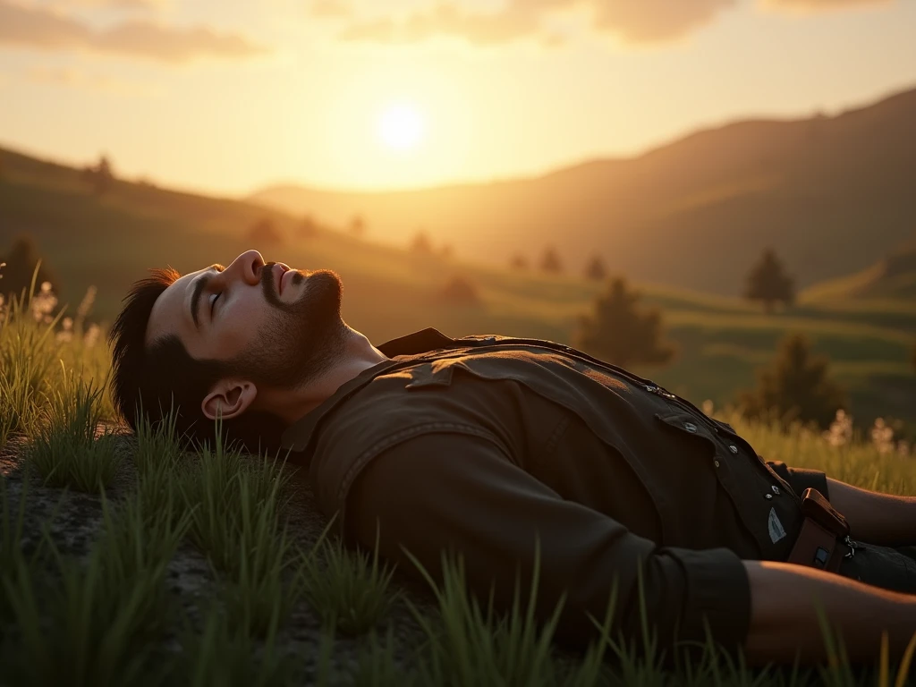 A view of upward of an wounded bloody soldier lying on grass. He's shot in his chest and his eyes are shut 
The atmosphere around him is pleasant and beautiful