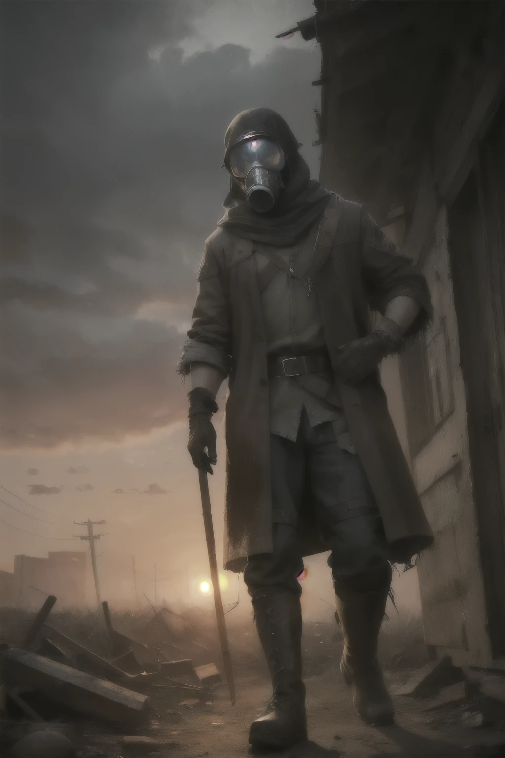 In a post-apocalyptic world plunged into darkness, A character with Arabic traits emerges, vestindo roupas desgastadas e portando um tapa-olho. He holds a mask tightly in his hand as he walks through ruins and debris. The gloomy and danger-filled environment doesn't shake your resolve. Who is this character? Why he's wearing an eye patch and holding a mask? What is your goal in this destroyed world and how does it adapt to this new reality