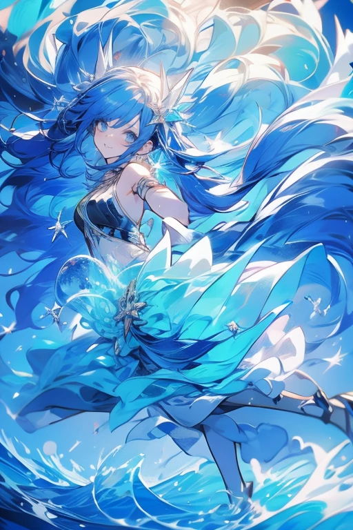 White girl (detallada), very long blue hair ( details ), Octopus surrounds her on the back, Rim Light,  water and background waves.