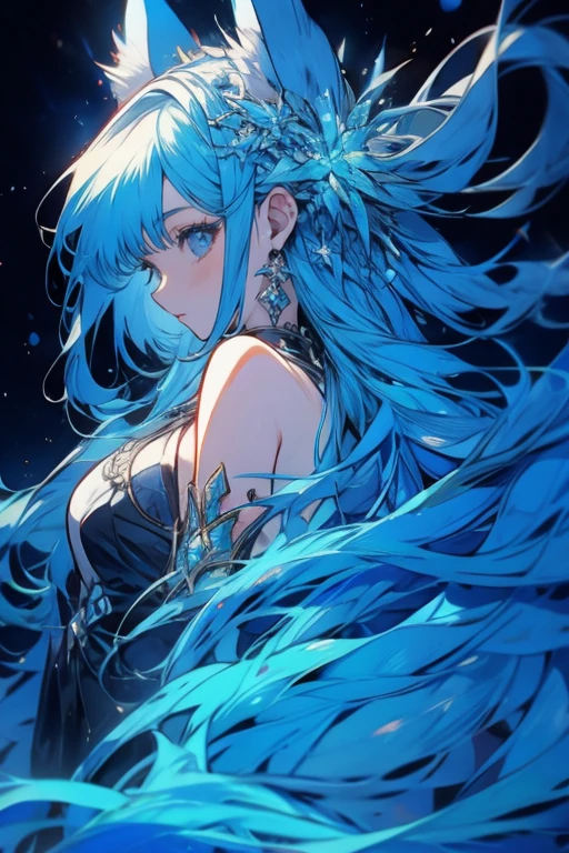 White girl (detallada), very long blue hair ( details ), Octopus surrounds her on the back, Rim Light,  water and background waves.