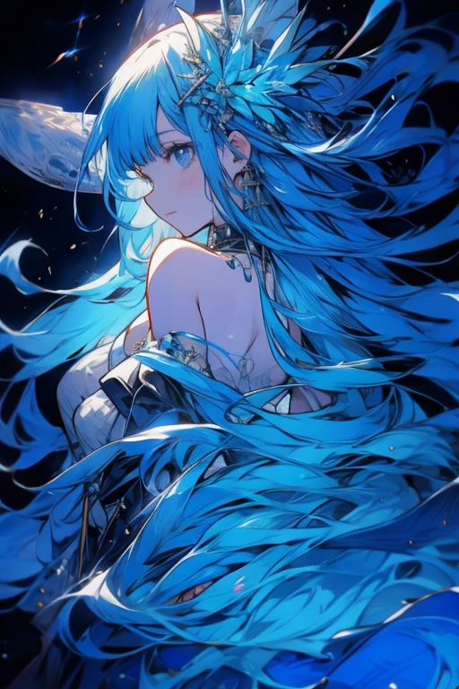 White girl (detallada), very long blue hair ( details ), Octopus surrounds her on the back, Rim Light,  water and background waves.