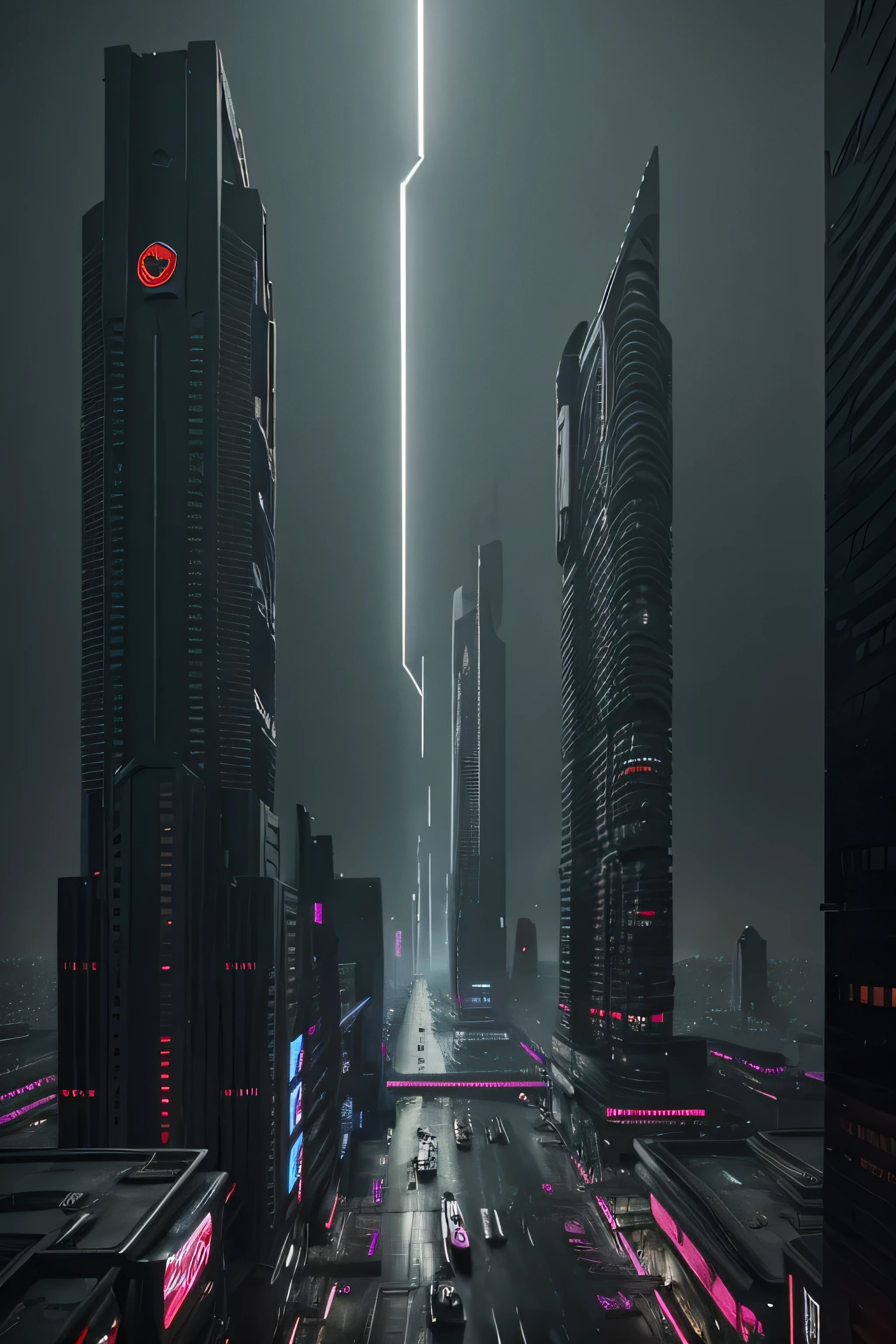 "A dystopian futuristic city set against a solid white background, designed with minimalist details. The cityscape features towering skyscrapers with sharp, angular architecture and glowing neon lights in red and blue tones. The streets below are dark and desolate, with a few scattered signs of life, such as faint figures and holographic advertisements flickering ominously. Some buildings appear partially damaged or covered in grime, emphasizing the decayed and oppressive atmosphere of the dystopia. The art style is Japanese anime, with clean lines and bold contrasts. Despite the minimalistic composition, the scene evokes a sense of isolation and unease, with glowing details and shadowy elements standing out starkly against the blank white background."