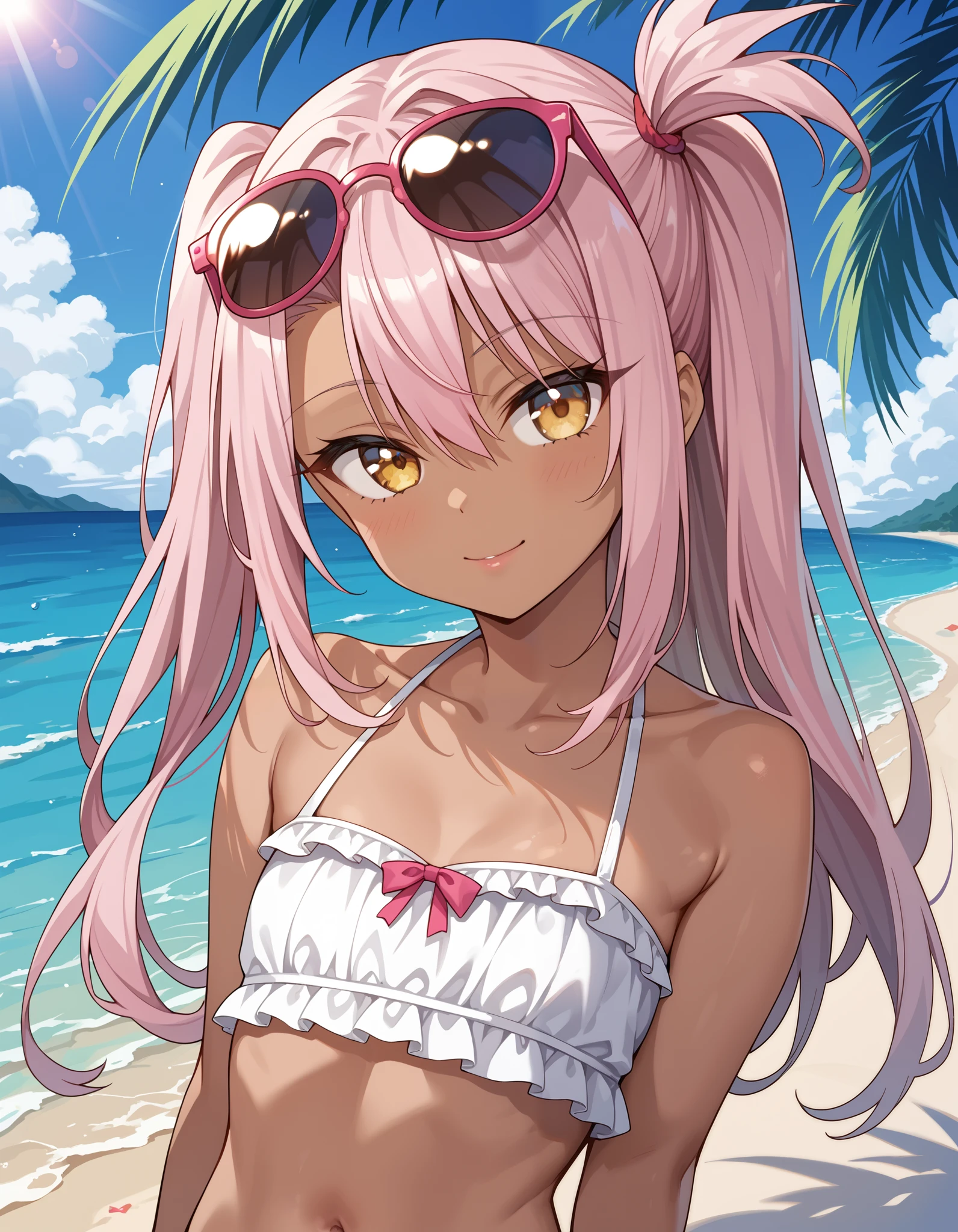 score_9, score_8_up, score_7_up, source_anime, Chloe_Von_Einzbern, 1girl, solo, yellow eyes, pink hair, long hair, hair between eyes, side ponytail, flat chest, dark-skinned female, upper body, looking at viewer, pink eyewear on head, beach, frilled bikini, navel, half closed eyes, head tilt, sunrays,