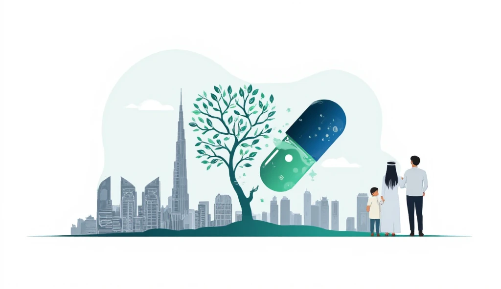 A dynamic and innovative logo design merging pharmaceutical and organic growth elements through a transformative capsule design and the back ground add a touch of Dubai city to the scene and let Burj Khalifa exist clearly as well as Arab Emirati family of a man and woman and 2 s wearing a traditionally outfits . *Core Design Elements:* 1. *Primary Element: Medicine Capsule* - A sleek, modern pharmaceutical capsule - Split or opening design suggesting transformation - Clean, professional medical aesthetic - Semi-transparent or gradient effect to show internal elements 2. *Secondary Element: Molecular Tree* - Emerging from the opened capsule - Molecular nodes and connections forming tree branches - Sacred geometry or hexagonal patterns within the structure - Organic yet scientific appearance 3. *Color Palette:* - Primary: Deep Blue #1B3C59 - Representing trust and professionalism - Secondary: Emerald Green #2E8B57 - Symbolizing growth and health - Accent: Soft Teal #40E0D0 - For molecular connections - Highlight: White/Silver gradients for modern touch 4. *Design Specifications:* - The capsule should appear to be elegantly splitting - Molecular tree structure should feel both scientific and organic - Use gradient effects to create depth - Incorporate negative space effectively