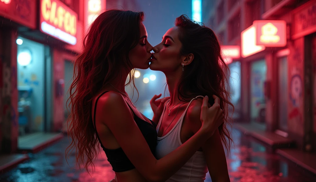 night、City、neon、Shading Effects, Gradient Magic Effect, Fog filter effect, Glitter effect, Graphics CG Digital Art, Two young women kissing, a woman with long blonde hair and a woman with short black hair