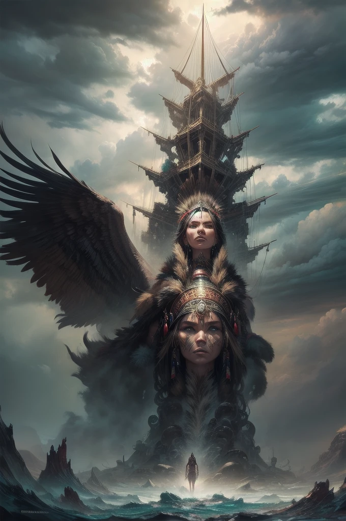 ((Tribal maiden)) amidst the remnants of an ancient civilization, facing a turbulent storm, swirling clouds, dynamic composition, painterly details, fantasy realism, captivating and dark ambiance."