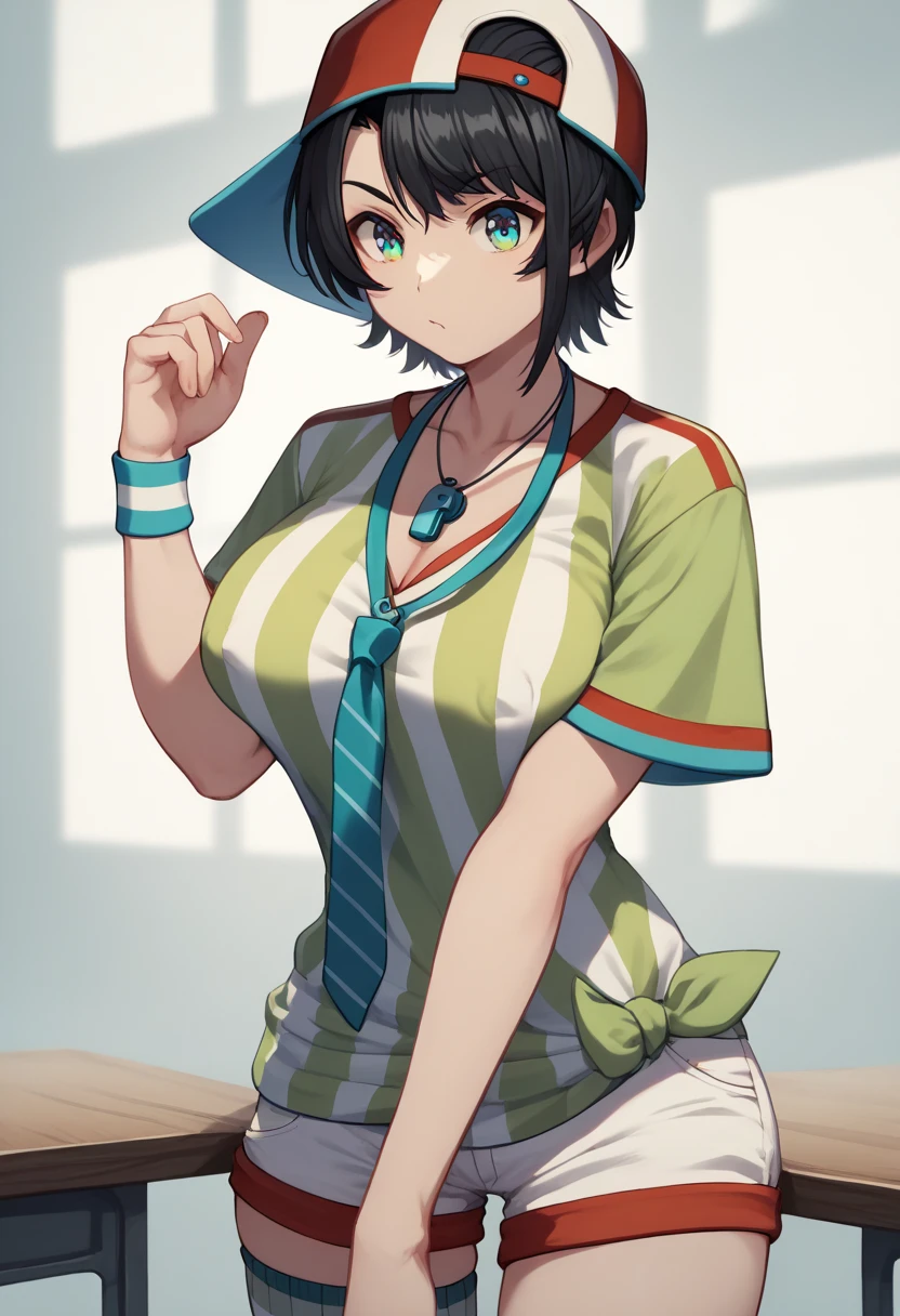 Asbal ,  Shorthair,  black hair, backwards hat,   pleases colorful eyes , chest, Whistle on the neck, Vertical striped shirt,  shirt with ties, Short sleeve,  wristband,  Short Shorts ,  white shorts,  asymmetrical legwear,  Thigh-Length Socks ,　Big Breasts Table Humping . nipple slip.