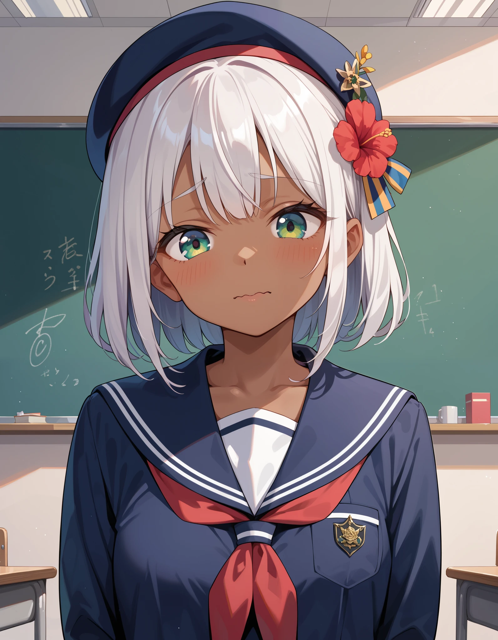 score_9, score_8_up, score_7_up, Faputa, Dark skin, White fur, looking at viewer, masterpiece, absurdres, high quality, highres, school uniform, beret, upper body, classroom, shy, looking down, wavy mouth, hair flower, arms behind back, standing,