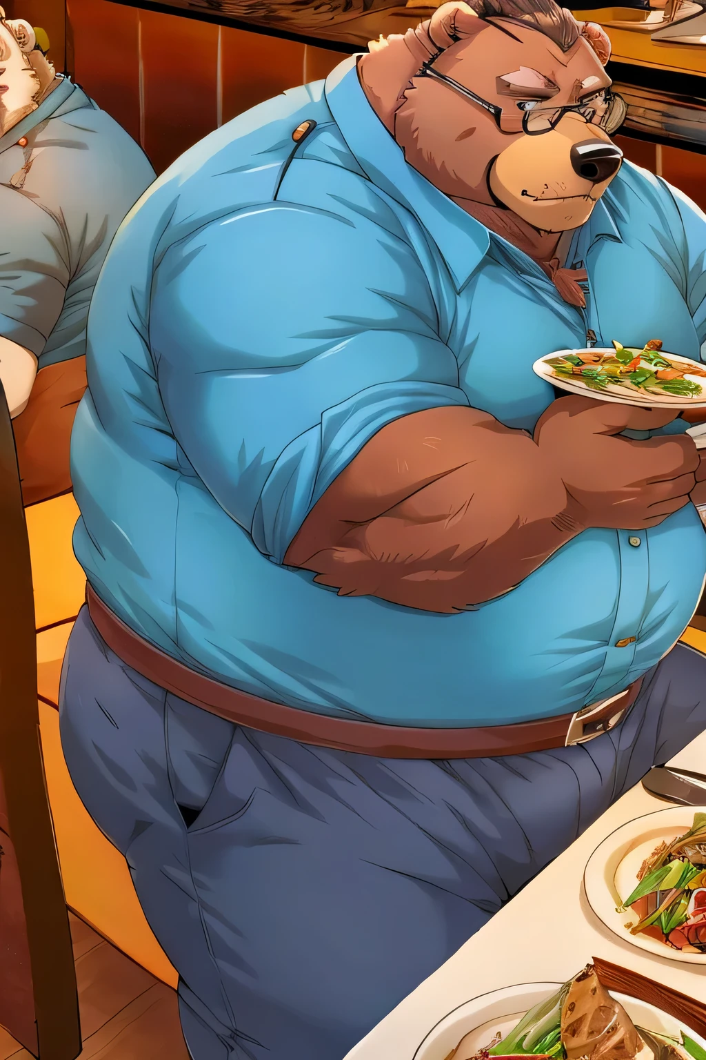 （（Being overweight））（ Bear Beast Man Wearing Glasses)（teacher、 blue shirt、Chino pants)(Have dinner at a restaurant)