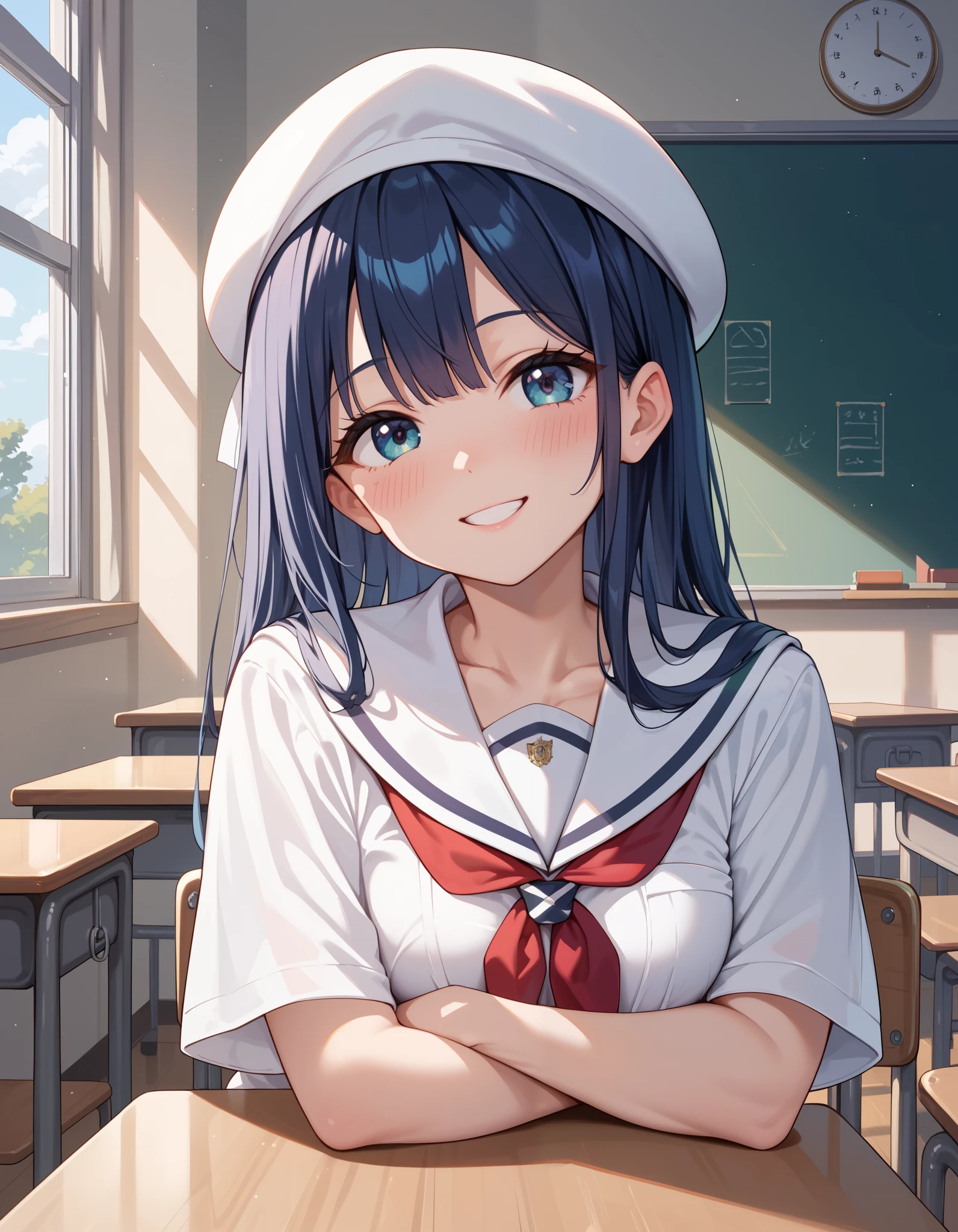 Puffi, looking at viewer, shy, upper body, smile, white school uniform, v-arms, classroom, masterpiece, absurdres, high quality, highres, white beret, 1girl, solo, blush, sitting,