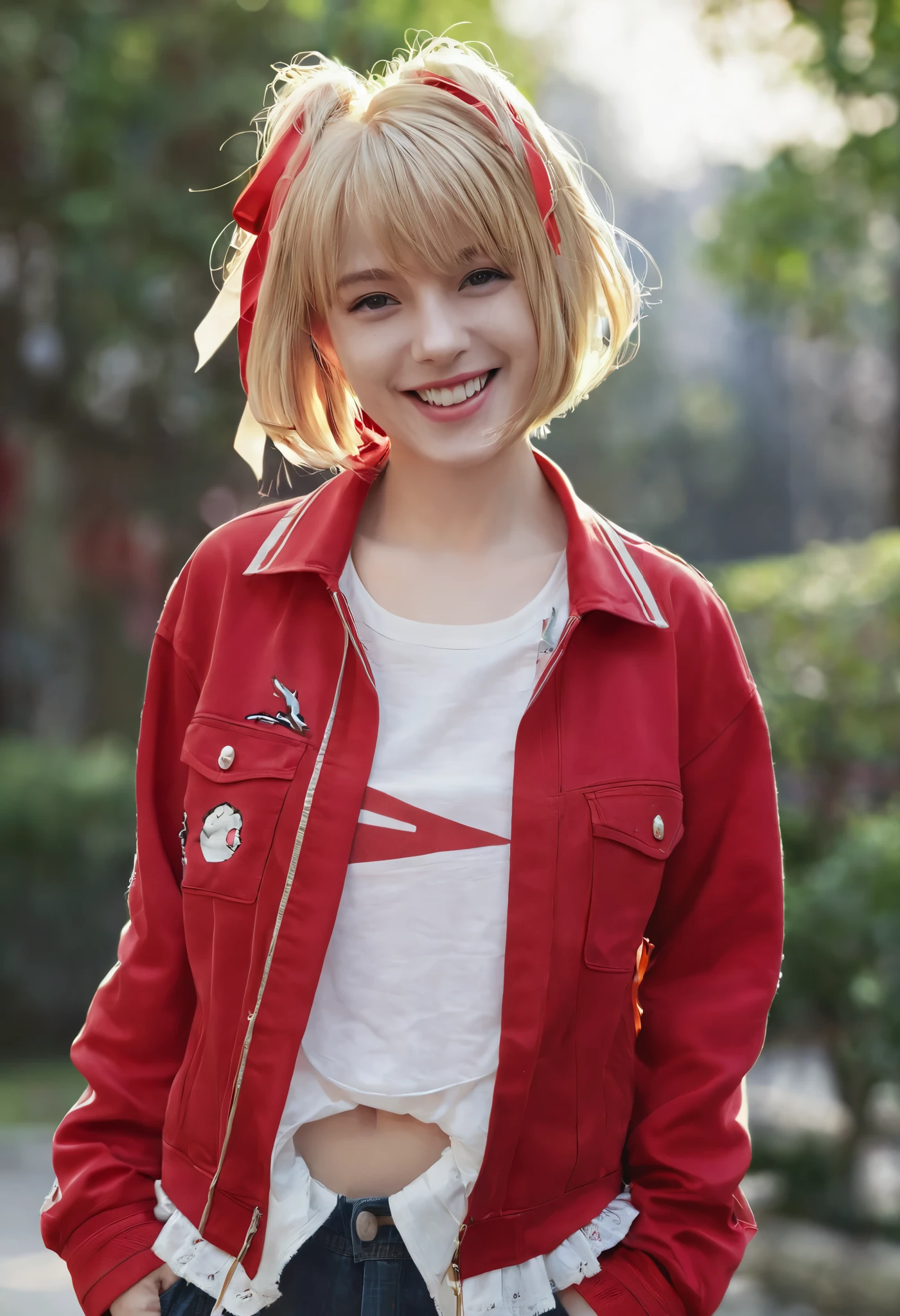 high quality, 最high quality, masterpiece, Absurd, red_Jacket, ribbon, red_eye, blonde_hair, short_hair, hair_ribbon, smile, One girl, Torn clothes, cloth,  