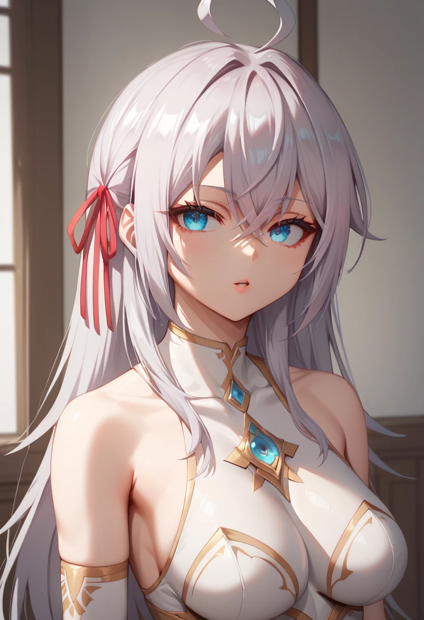  looking at viewer,parted lips, solo, alya,long hair,silver hair,ahoge,crossed bangs,hair ribbon,sidelocks,blue eyes, leotard, looking directly at the viewer, hyper detailed , 4k, high quality, extremely detailed eyes, detailed facial features,