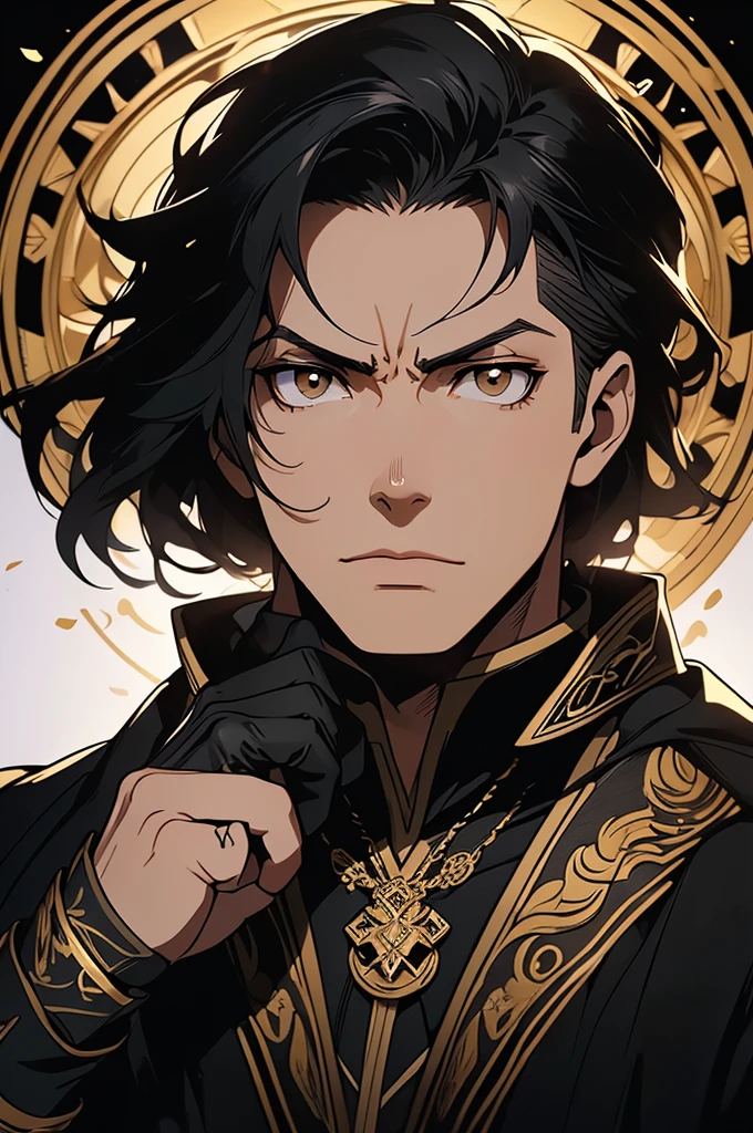 (4k image, cinema effect, ultra resolution) serious appearance, short black hair, golden eyes mixed with ivory, imperialist style formal clothing in a dark tone with purple and black, black gloves on the hands, alchemist, (image focusing on the character's face, character staring at the viewer, white background)