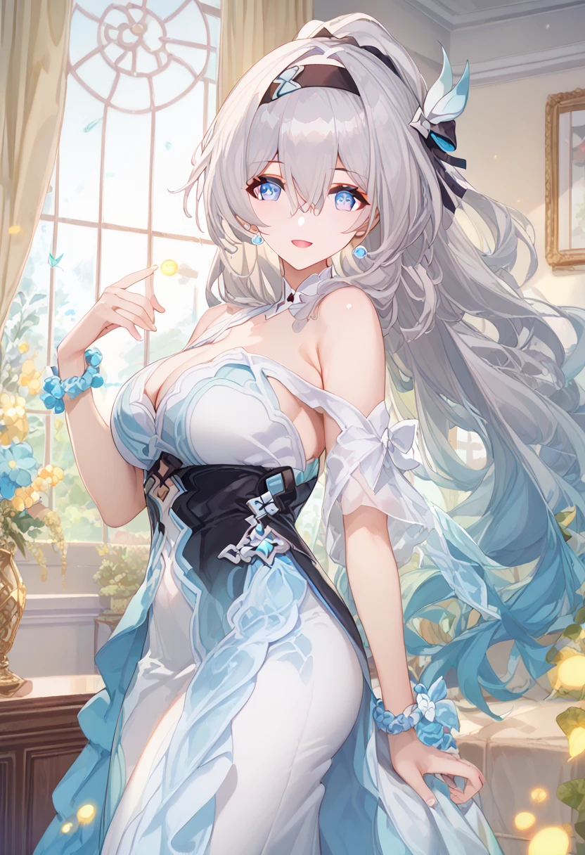 1girl, firefly,honkai star rail,solo, milf,long hair, breasts, looking at viewer, blush, smile, open mouth, blue eyes, Glamorous, erotic, mature, hair ornament, hair between eyes, white hair, grey hair, hair ribbon, ponytail, sidelocks, hair bow, indoors, looking back, window, gradient hair, hair intakes, black hairband, curtains, Tight long dresses,bere shoulder,