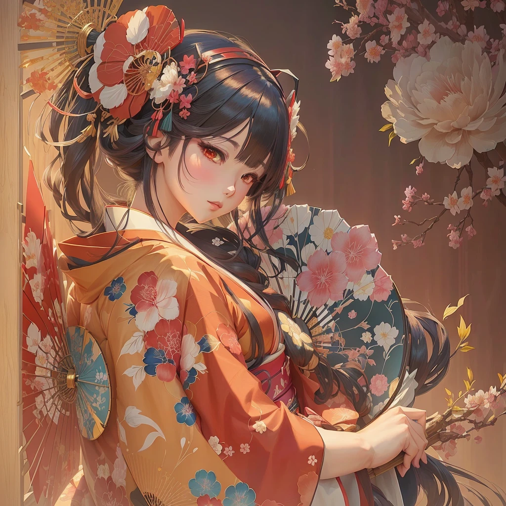 Anime Girls in a kimono dress holding a fan and a flower, beautiful Anime Artwork, beautiful Anime Art, by Shimo, Korean Art Nouveau Animation, digital art on Pixiv, Zerochan Art, Gwaiz, Beautiful artwork illustration, Anime Art nouveau, Pixiv, (Anime Girls), Anime illustration, Beautiful fantasy anime, Anime Art, Anime fantasy illustration A 17-year-old Japanese girl with vibrant hair colors, long hair, daring hair styling, slender figure, plump cheeks. She embodies the punk rock aesthetic, dressed like a punk rocker with bold attire, large sunglasses, a defiant expression. She stands at 170 centimeters tall, weighs 30 kilograms, wears long boots, with her thighs visible under a red pleated skirt. Adorned with numerous silver accessories. Depict with distinct outlines, using colors other than black for the outlines, using colorful hues for the outlines. She's into girls' rock, punk, Electric guitar, vibrant colors, stages, and backed by a band. An underground clubhouse with colorful lighting amidst the darkness. Colorful candies resembling mountains of treats are plentiful, strewn all around. A tall, well-built man with blonde hair is present, adorned with tattoos, a nose piercing, and a split tongue.