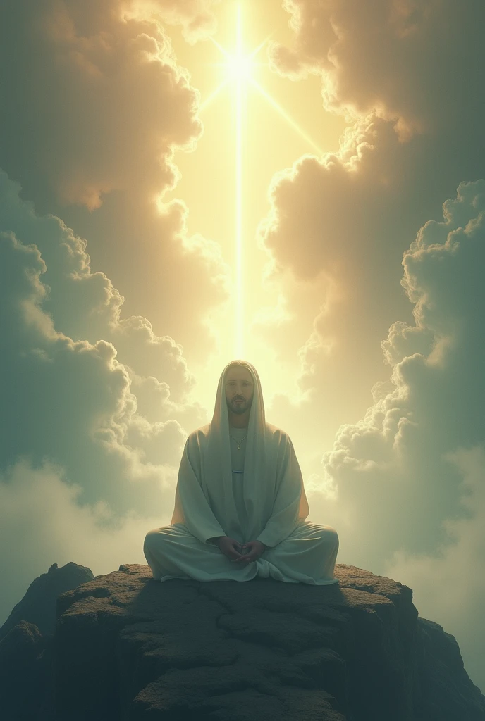 Facing the audience, full body meditation posture, hands on thighs, 50-year-old Asian middle-aged wise man meditates with eyes closed, peaceful look, meditates, has white long beard, cross-legged meditates, wears white grey robe, , the entire Milky Way starry sky, majestic, starlight rising, in the center, facing the camera, very bright colors, light particles, glowing with light, Mshiv, wallpaper art, ultra high definition wallpaper