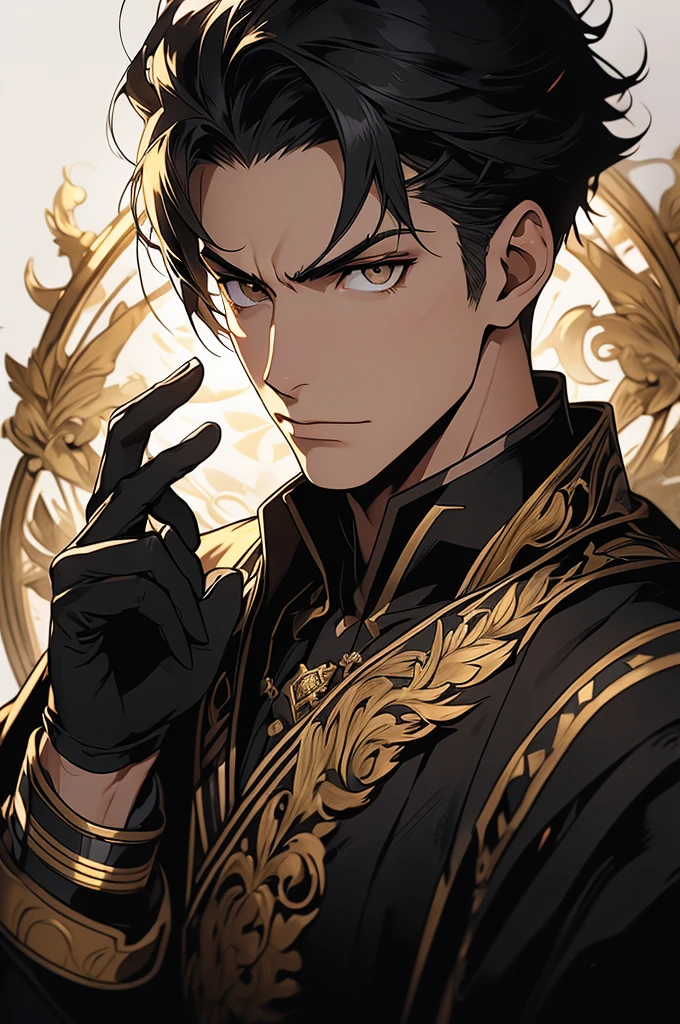 (4k image, cinema effect, ultra resolution) serious appearance, short black hair, golden eyes mixed with ivory, imperialist style formal clothing in a dark tone with purple and black, black gloves on the hands, alchemist, (white background)