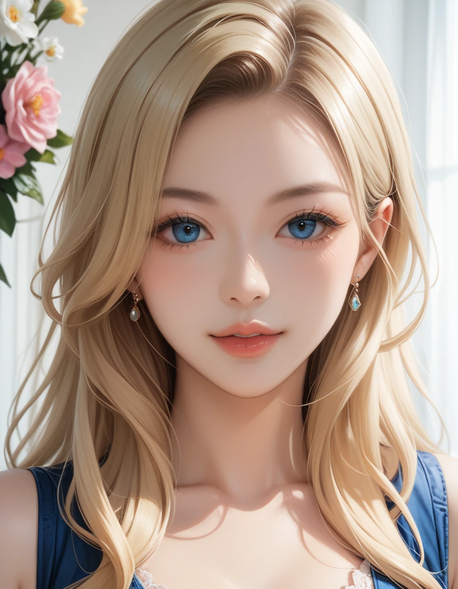  Blonde woman with long hair and a blue dress posing for a photo,  realistic anime art style ,  realistic anime girl rendering, smooth anime cg art,   ANIME REALISM STYLE  ,  realistic art style ,  realistic young anime girl,  beautiful digital painting ,  realistic animated 3D style ,  beautiful animated portrait with rainbow-colored hair adorned with flowers,  Realistic Anime Style ,  close-up character portrait with V8 engine, 3D Anime Real,   anime style portrait  