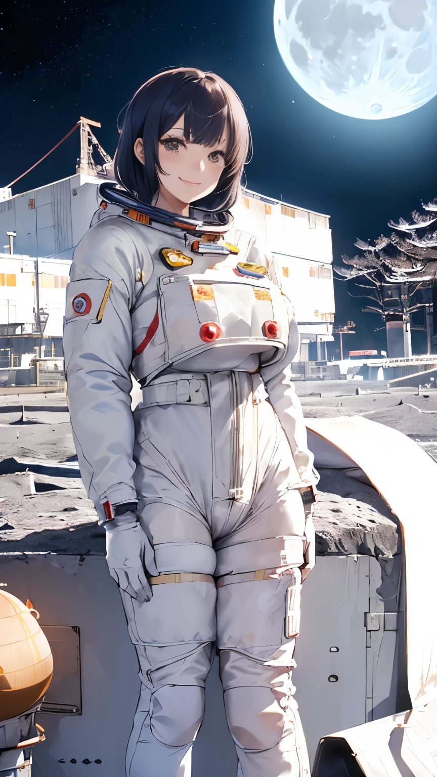 (Moon Base:1.5), (Japan beautiful girl astronaut wearing spacesuit at moon base:1.5), (constricted waist:1.3), (full bodyesbian:1.3), (Smiling:1.3)