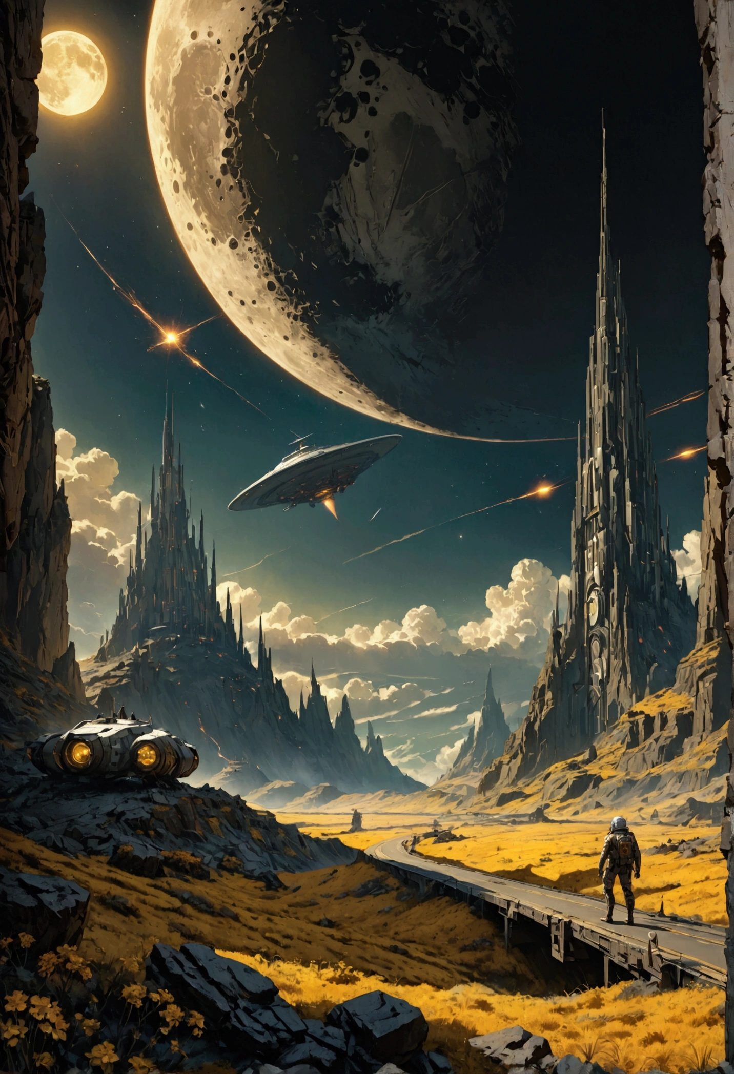 A very beautiful (lunar landscape:1.3). on the moon military base\(beautiful,(magnificent:1.3),Beautiful architecture,runway\(many combat spacecraft\(maneuvered \)\). marshaller\(in a combat suit\) guiding spaceship takeoff.The last line of defense\).  (Science fiction:1.3). Preparing for battle with huge space monsters. Sparks of battle are flying in the sky. .Beautiful landscape.longshot.realistic movie scene. BREAK .quality\(8k,wallpaper of extremely detailed CG unit, high resolution, top-quality, top-quality real texture skin, hyper realistic, increase the resolution, RAW photos, best quality, highly detailed, the wallpaper, golden ratio, high saturation realism, vibrant colors, dramatic lighting, persuasive storytelling, atmospheric scenery, captivating visuals, intricate details, strong emotions, dreamlike world\)