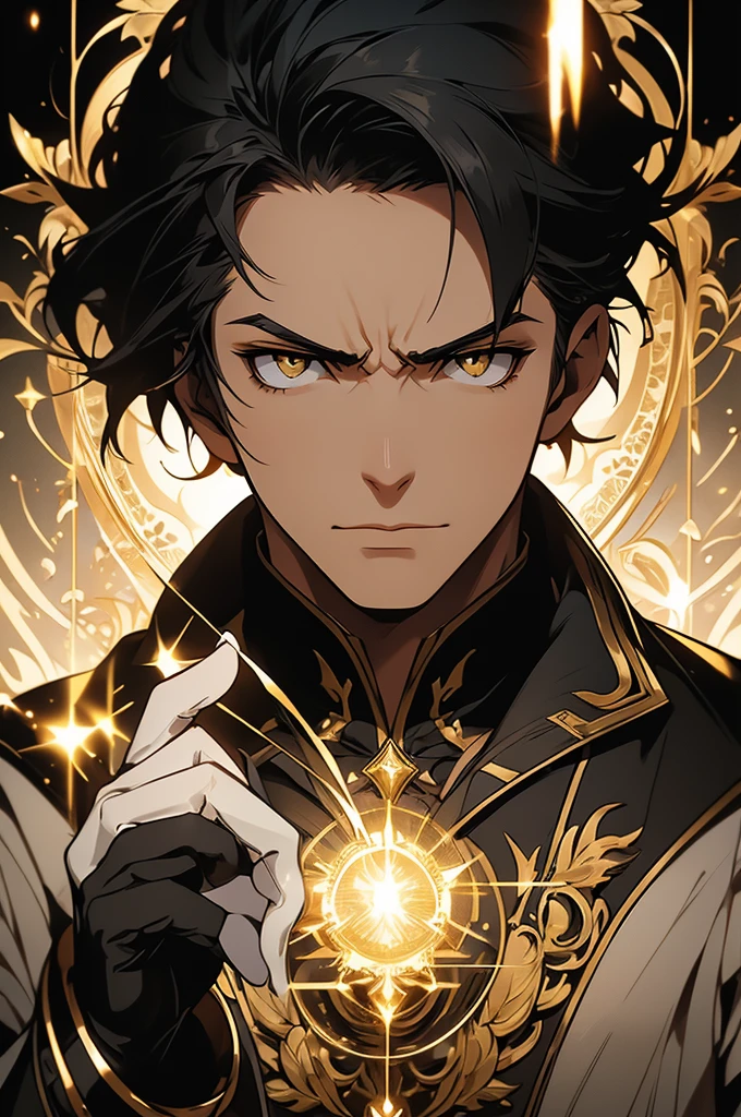 (4k image, cinema effect, ultra resolution) empty countenance, short black hair, (golden eyes mixed with ivory), imperialist style formal clothing, black gloves on hands, alchemist, (character looking fixedly at the viewer, white background)