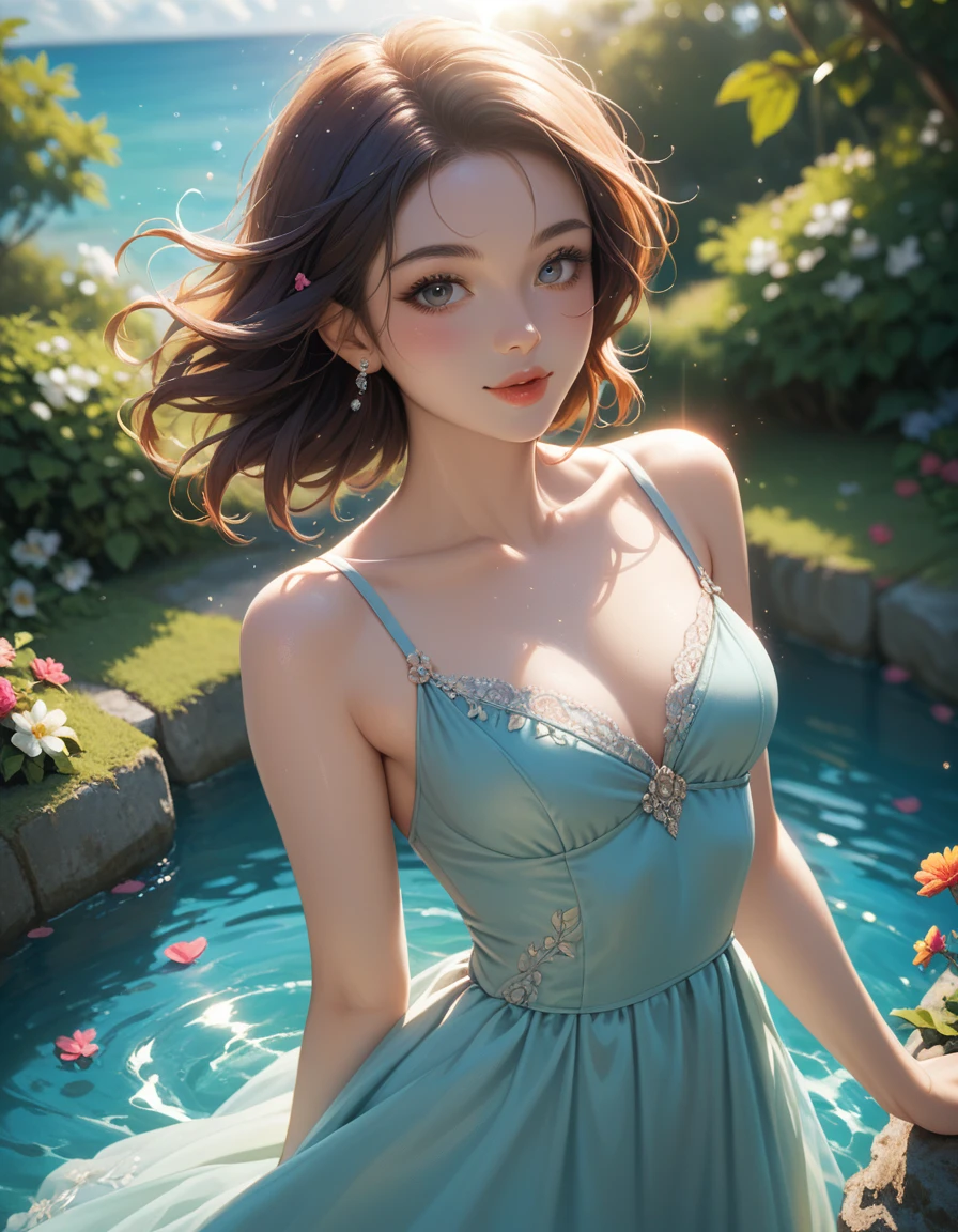 art by Cornflower, Dreamy (beautiful、A petite girl with beautiful eyes. Perfect depth of field in photos,  lens flare creates a wonderful atmosphere, {{side:2}}}, Water-soaked dress