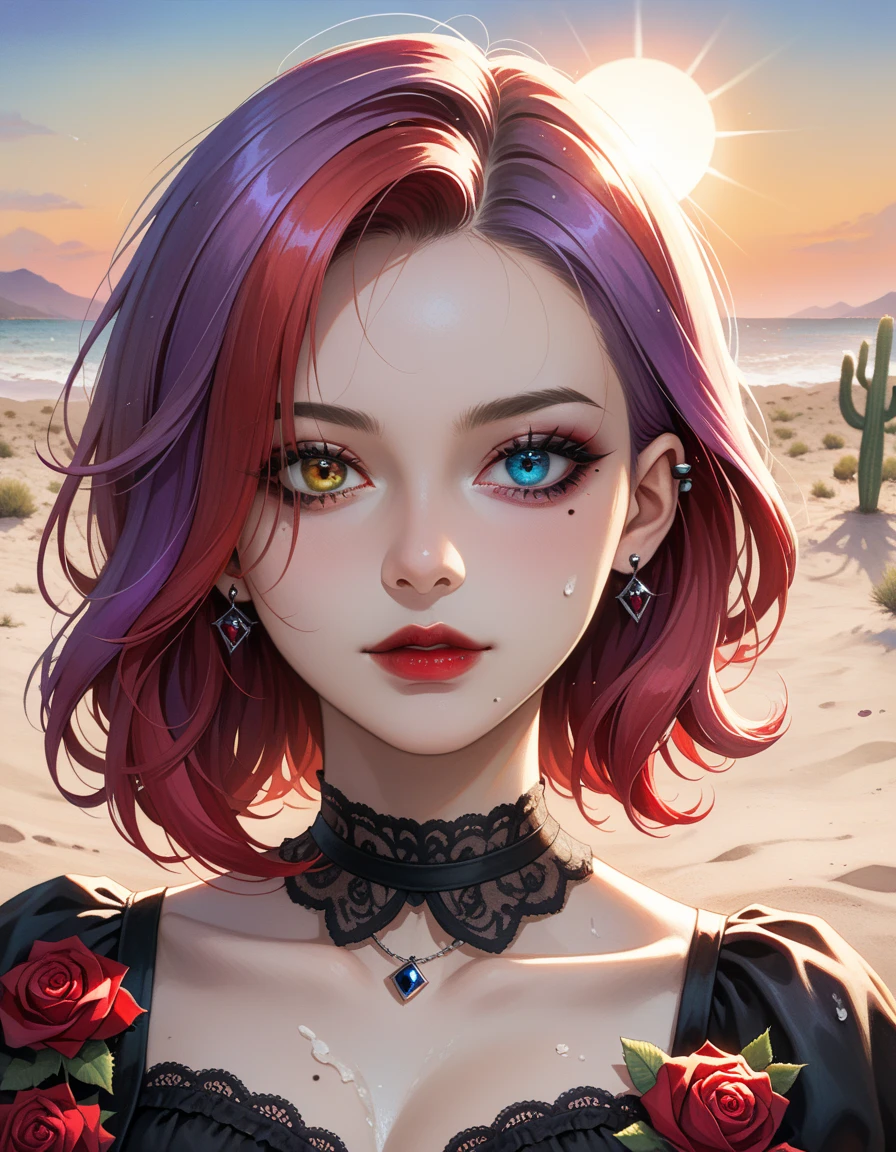 ((sand漠, sand, sand丘, Refraction effect, sun)), (masterpiece,  best quality), ( 1 girl), (Alone), (( portrait )),  perfect face, (( heterochromia, Blonde and purple hair, ((Red long parka)), Gothic unnecessary belts are everywhere,  mole under eye)), the background is a beautiful sand漠 with cactus, Tumbleweed, Cinematic Light, sunny day,  Dramatic Lighting ,  ultra detail , 8k, watercolor, Dainty, delicate (Gothic Lace, Gothic Rose, Goth aesthetic)