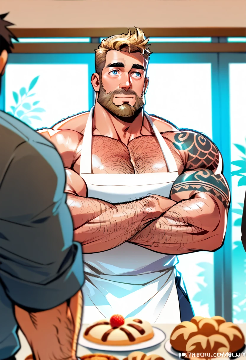 A muscular bearded tattooed baker kneading dough naked only wearing a white apron, NSFW, big shoulders, big chest, thin waist, big buttcheeks, balanced anatomy, perfect anatomy, deep eyes, blonde, short haircut, blue eyes, hairy, very handsome, kneading dough, bakery store, People amazed looking out the window background, high resolution, high quality, masterpiece 