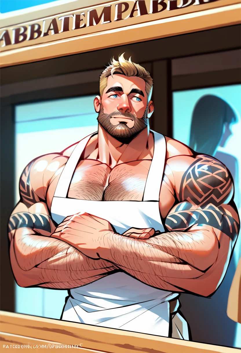 A muscular bearded tattooed baker kneading dough naked only wearing a white apron, NSFW, big shoulders, big chest, thin waist, big buttcheeks, balanced anatomy, perfect anatomy, deep eyes, blonde, short haircut, blue eyes, hairy, very handsome, kneading dough, bakery store, People amazed looking out the window background, high resolution, high quality, masterpiece 