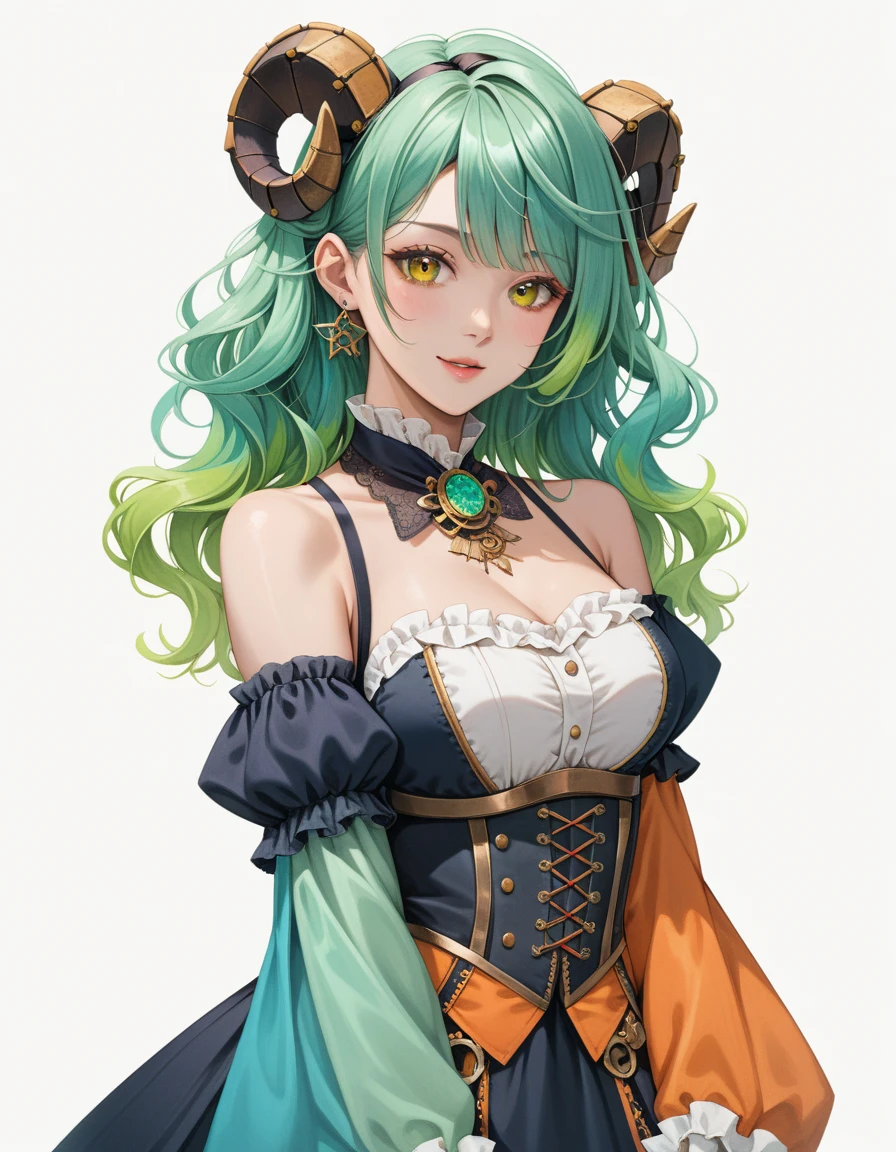 ((Live 2D))  masterpiece,  1 girl, whole body, Standing Upright, Steampunk clothing, uniform,  viewers,  detailed face , girl with green  wavy hair, bangs, Metal Ram Horns,  gradient hair, Multicolored Hair, Light green hair,  Turquoise Hair Tips ,  wavy hair,  gradation eyes ,  orange eyes, ( simple background, White background: 1.3)