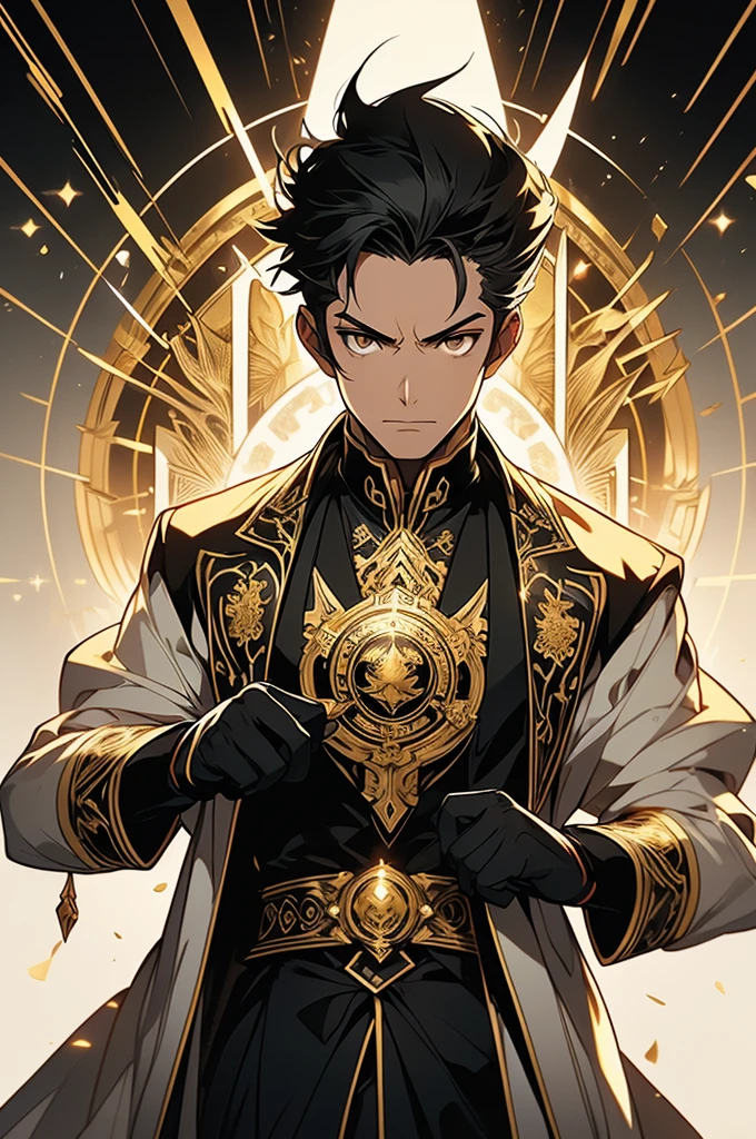 (4k image, cinema effect, ultra resolution) empty expression, short black hair, (golden eyes mixed with ivory), imperialist style formal clothing, black gloves on hands, alchemist, (character looking fixedly at the viewer, white background)