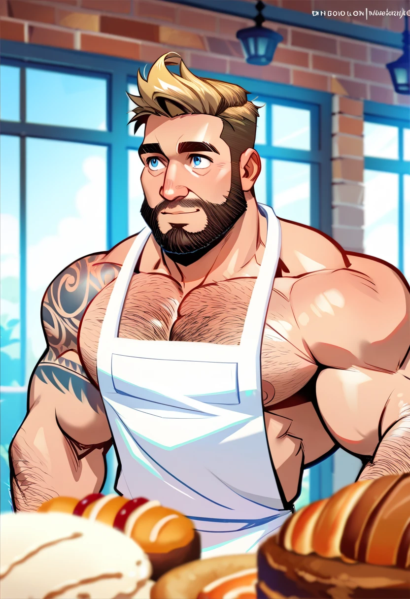 A muscular bearded tattooed baker kneading dough naked only wearing a white apron, NSFW, big shoulders, big chest, thin waist, big buttcheeks, balanced anatomy, perfect anatomy, deep eyes, blonde, short haircut, blue eyes, hairy, very handsome, kneading dough, bakery store, People amazed looking out the window background, high resolution, high quality, masterpiece 