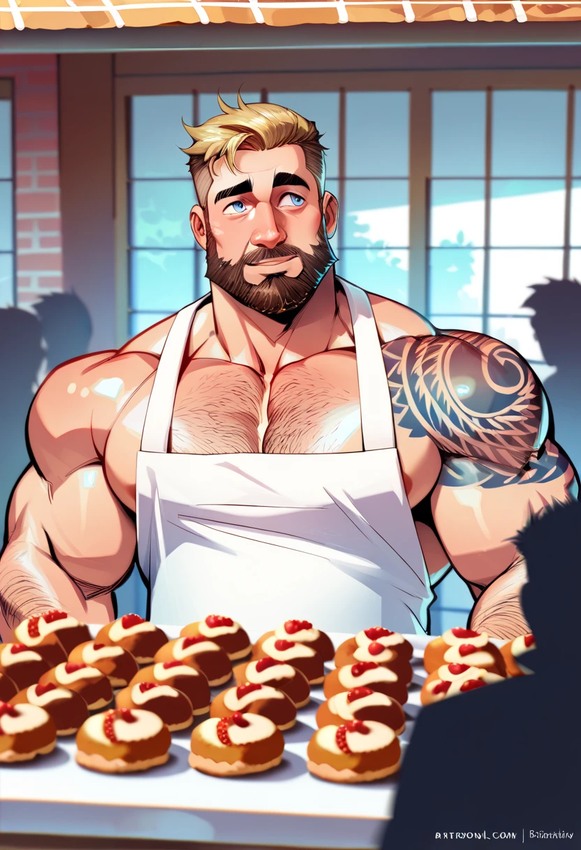 A muscular bearded tattooed baker kneading dough naked only wearing a white apron, NSFW, big shoulders, big chest, thin waist, big buttcheeks, balanced anatomy, perfect anatomy, deep eyes, blonde, short haircut, blue eyes, hairy, very handsome, kneading dough, bakery store, People amazed looking out the window background, high resolution, high quality, masterpiece 