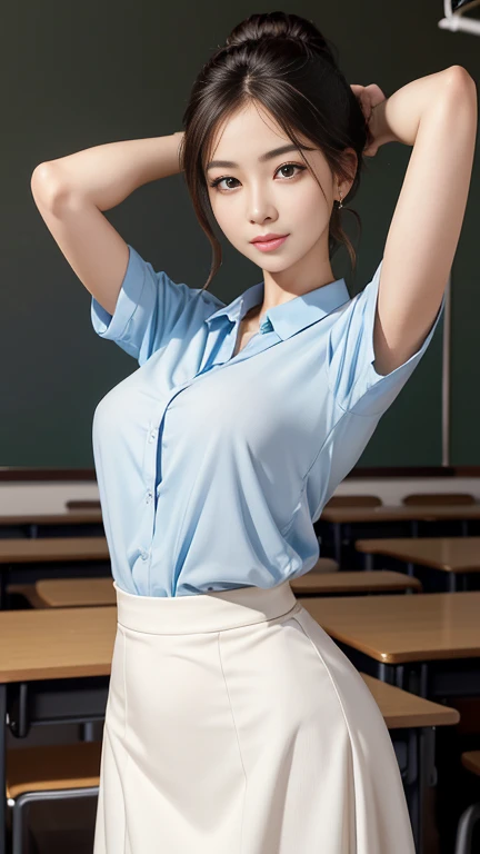 (a masterpiece portrait of a woman with ultra detailed features, in 8K resolution, with crisp quality and vibrant colors), (from below, lower body, looking down)、45 year old teacher、 Slender Figure 、elegant bun hair 、 anatomically correct hands、 anatomically correct fingers、Beautifully drawn eyes、Three white eyes、female teacher、Teaching in the classroom、blouse、 long skirt、
