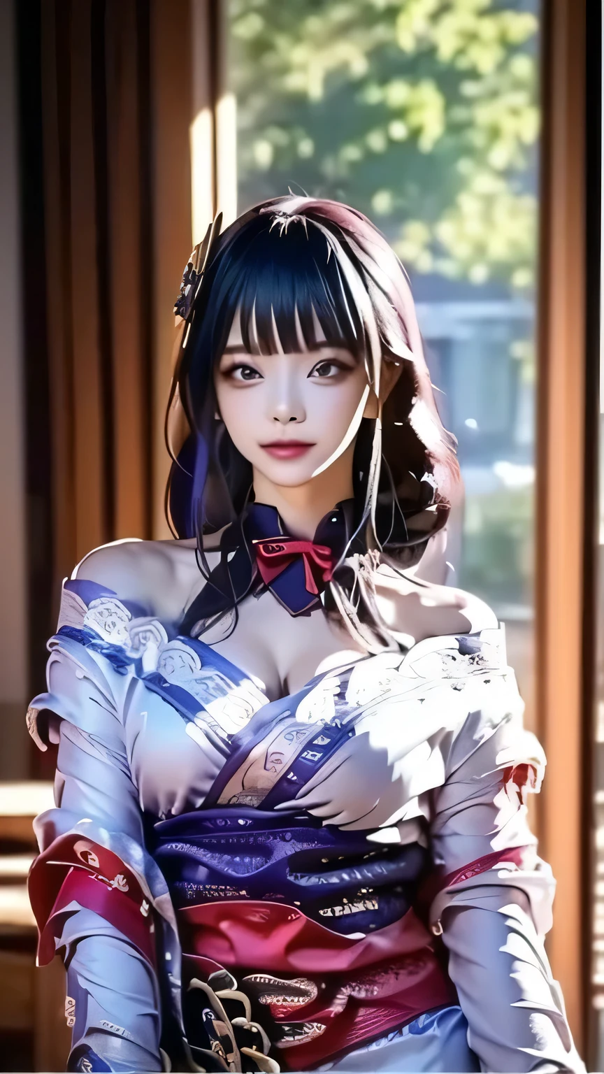 a beautiful age girl wearing Raiden Shogun's dress, alone, standing in living room, she's rich girl, expensive necklace, elegant earrings, elegant, she's so cool, jealous face, she's cute and gorgeous, little smile, Sweet smile, her body is slim, chubby cheeks,perfect body ratio, ponytail, cute bangs, she looks kind, candid, cowboy shot, girlfriend material, best lighting (best quality,4k,8k,highres,masterpiece:1.2),ultra-detailed,(realistic,photorealistic,photo-realistic:1.37),HDR,UHD,UHD graphic, 4k, 8k graphic, studio lighting,vivid colors,bokeh,portraits, cowboy shot, full body looks, best photography 