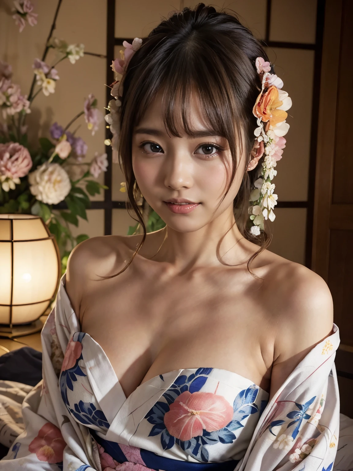 (  Show off your split bang ),   very cute face  ,   amazing face and eyes, ( Very detailed eyes,   high-resolution faces in luxurious guest rooms ), Fresh,   very beautiful appearance, (超Realistic,   high definition  ), (  best quality:1.4),   RAW photo, (Realistic,  Photo realistic:1.37),    professional photos , (  flower-patterned yukata  :1.5), (Open yukata), ( :1.2), (  bare shoulders), Laugh a little, (look at me), bedroom, Portrait of a Girl,